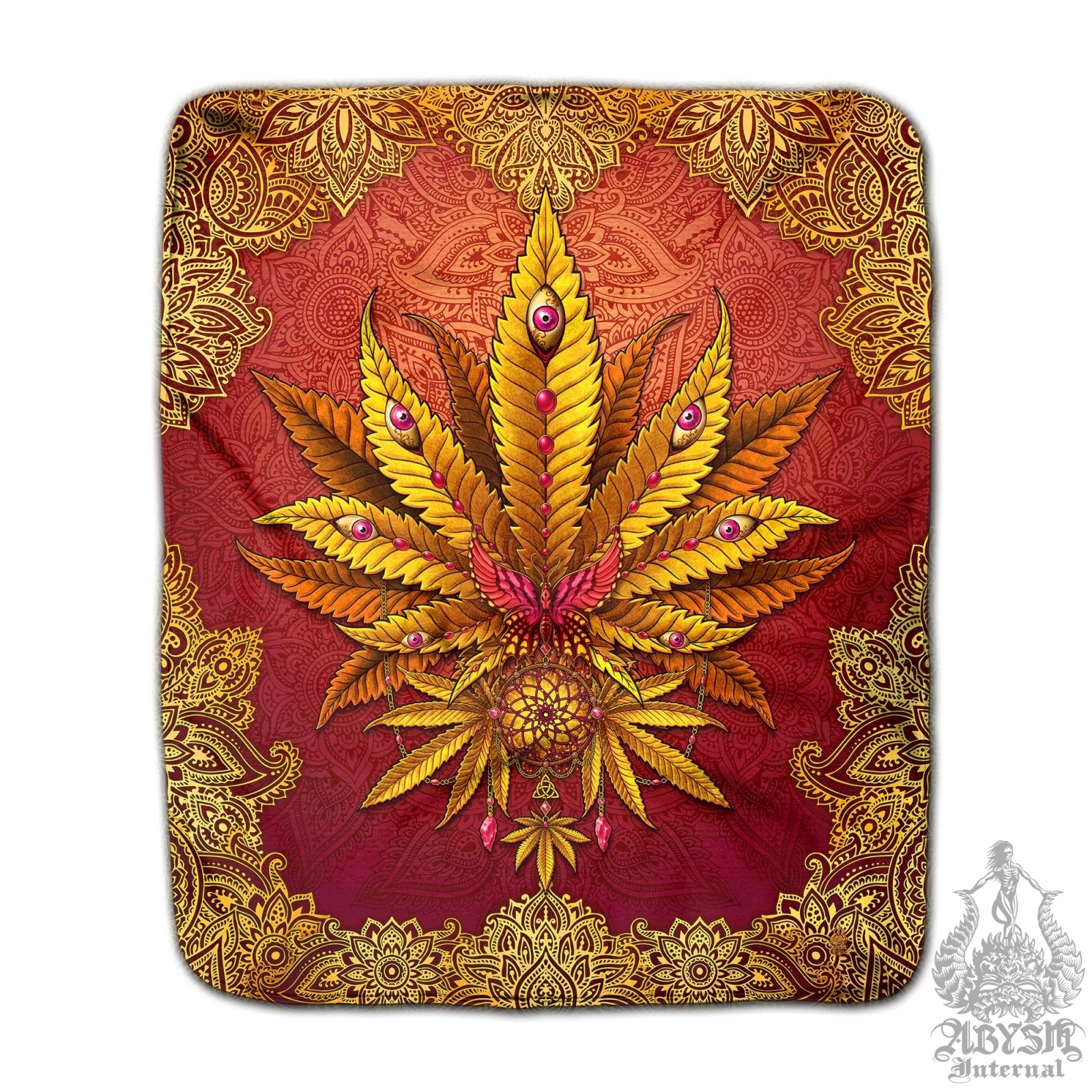 Boho Weed Throw Fleece Blanket, Cannabis Art, Indie and Hippie Home Decor, Bohemian 420 Gift - Marijuana, Mandalas - Abysm Internal