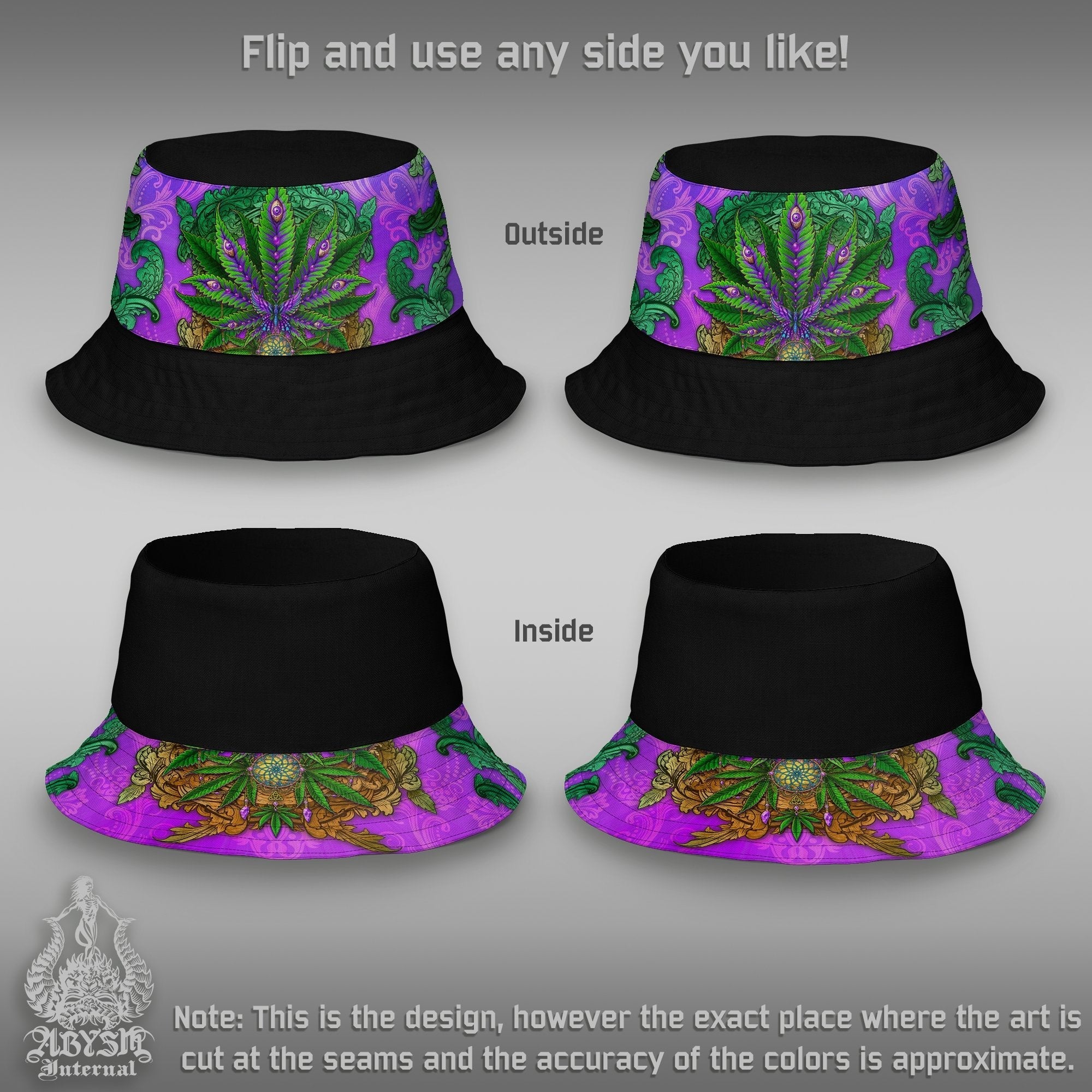 Cannabis Bucket Hat, Weed Streetwear, Indie Summer Hat, Boho and Hippie Beach Accessory with Linen feel, Reversible & Unisex, 420 Gift - Colorful Pot Art - Abysm Internal