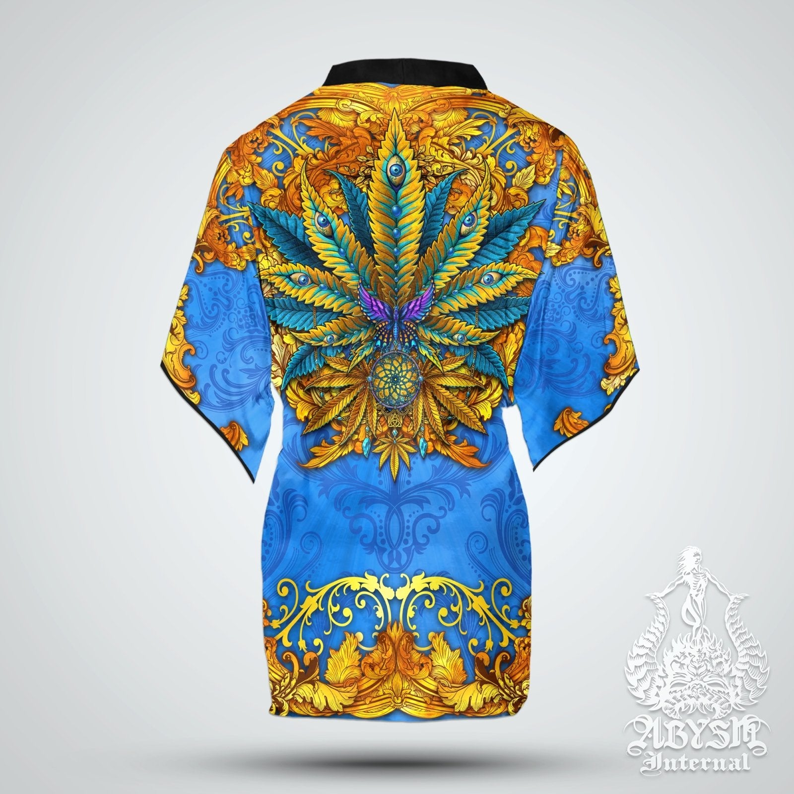 Cannabis Cover Up, Weed Outfit, Indie Party Kimono, Hippie Summer Festival Robe, 420 Gift, Alternative Clothing, Unisex - Marijuana, Cyan and Gold - Abysm Internal