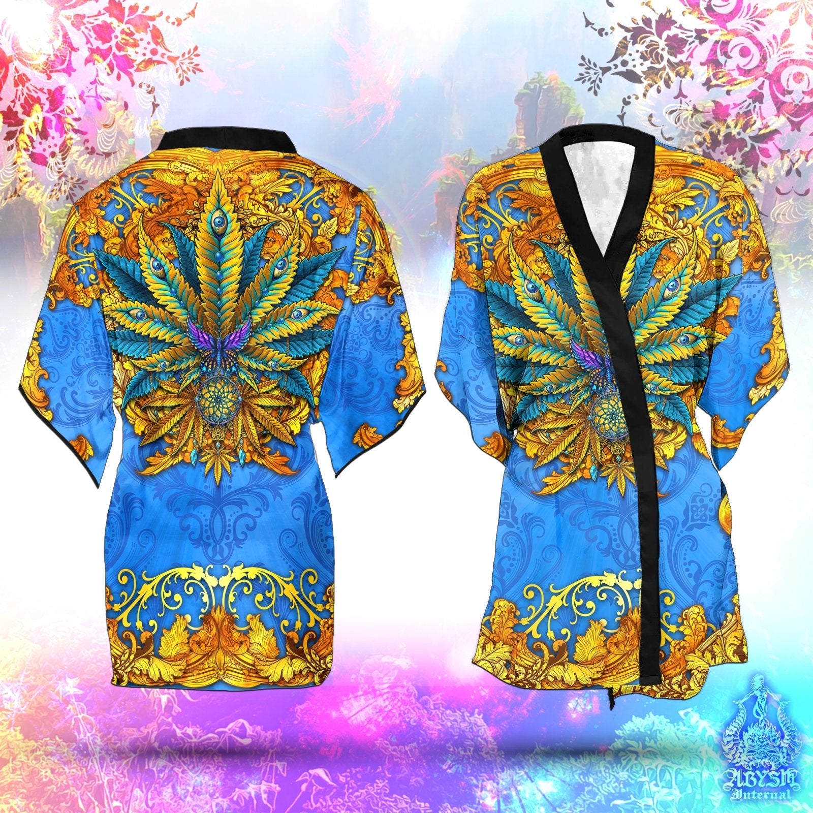 Cannabis Cover Up, Weed Outfit, Indie Party Kimono, Hippie Summer Festival Robe, 420 Gift, Alternative Clothing, Unisex - Marijuana, Cyan and Gold - Abysm Internal