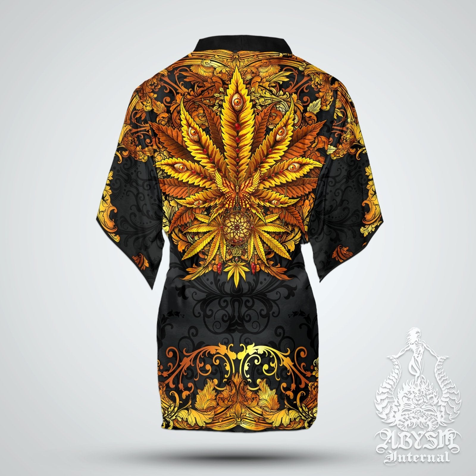 Cannabis Cover Up, Weed Outfit, Indie Party Kimono, Summer Festival Robe, 420 Gift, Alternative Clothing, Unisex - Marijuana, Gold - Abysm Internal