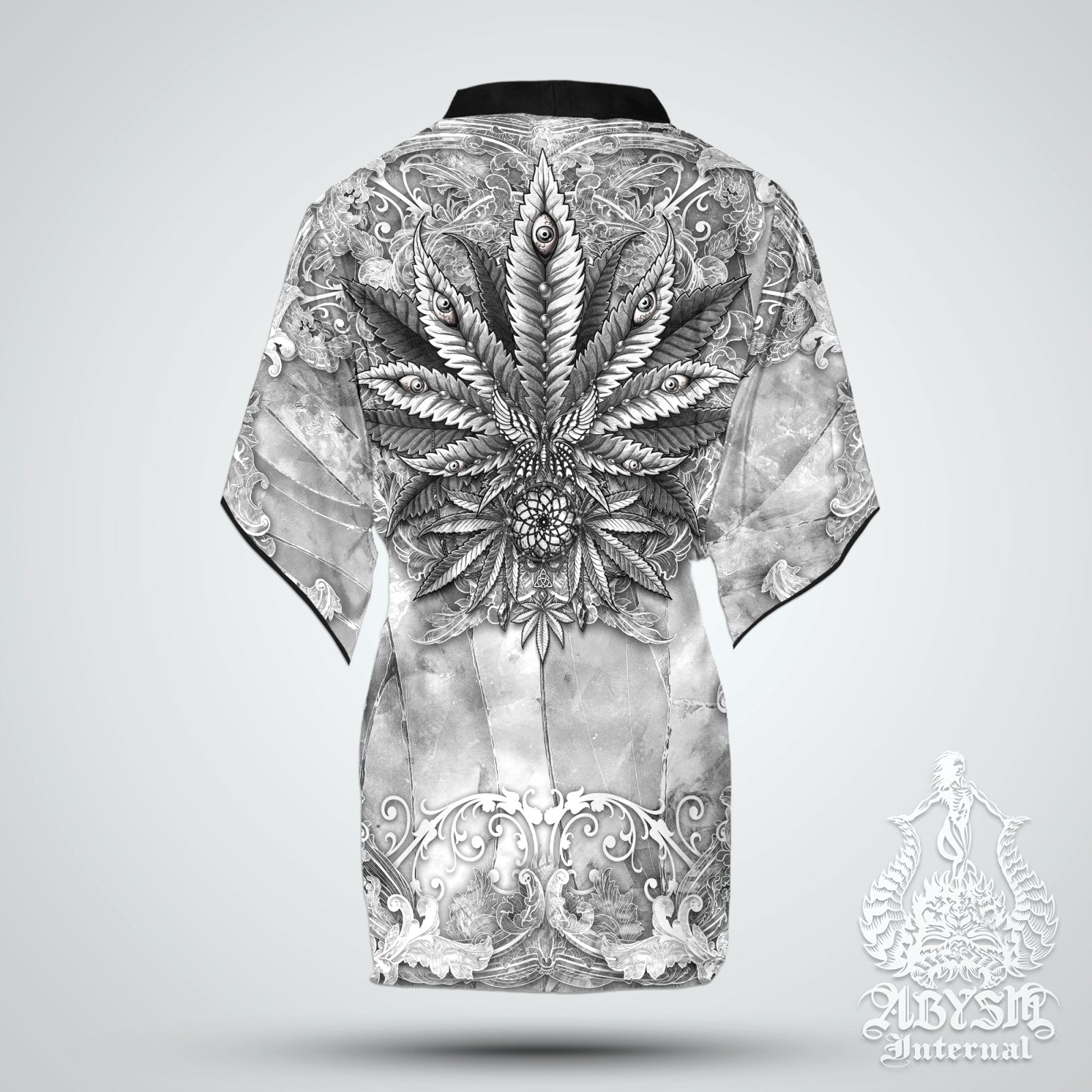 Cannabis Cover Up, Weed Outfit, Party Kimono, White Goth Summer Festival Robe, 420 Gift, Alternative Clothing, Unisex - Marijuana, Stone - Abysm Internal