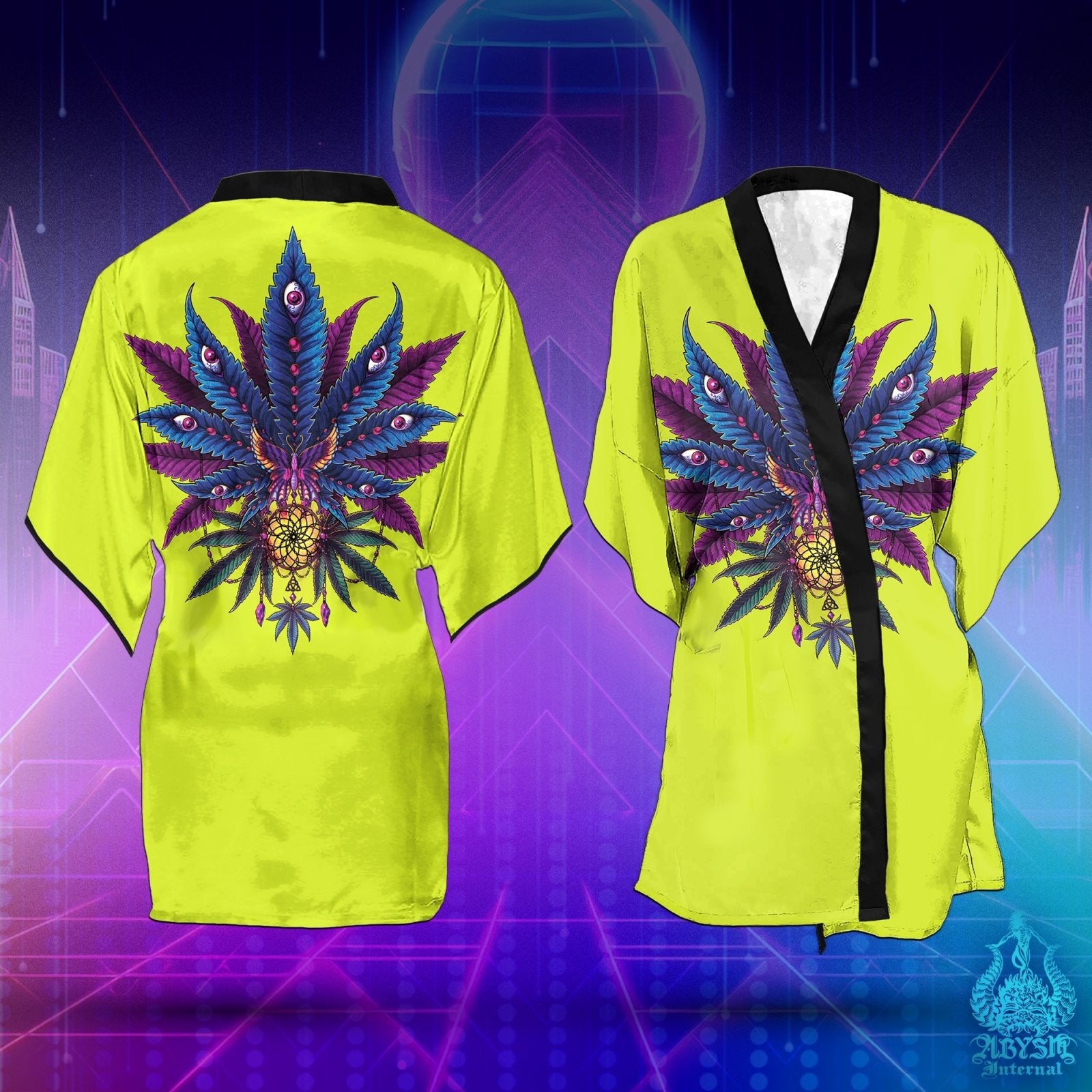 Cannabis Cover Up, Weed Shop Outfit, Neon Party Kimono, Summer Festival Robe, 420 Gift, Alternative Clothing, Unisex - Marijuana II - Abysm Internal