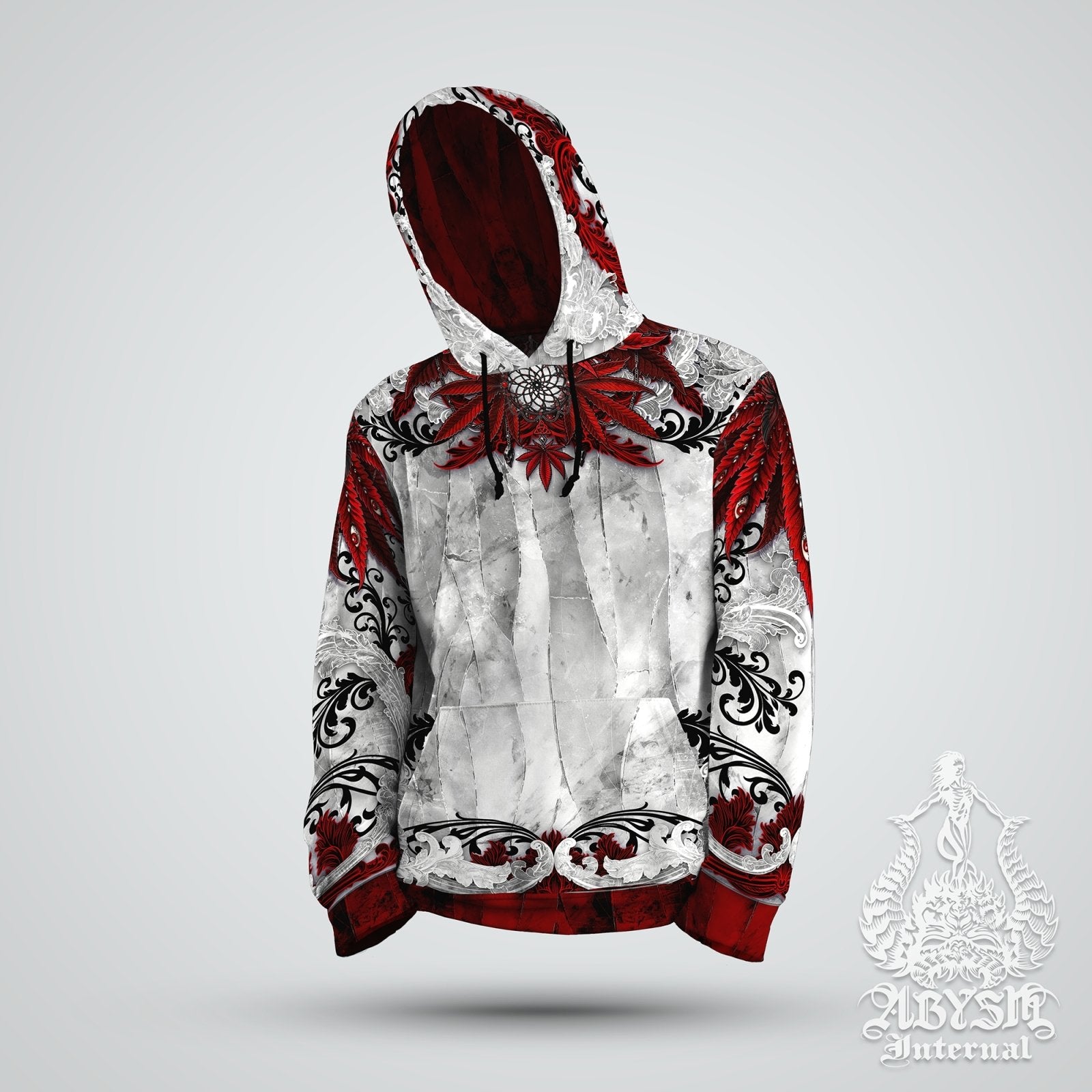 Cannabis Hoodie, Weed Clothes, Gothic Festival Outfit, White Goth Streetwear, Indie and Alternative Clothing, Unisex, 420 Gift - Bloody Red Marijuana - Abysm Internal