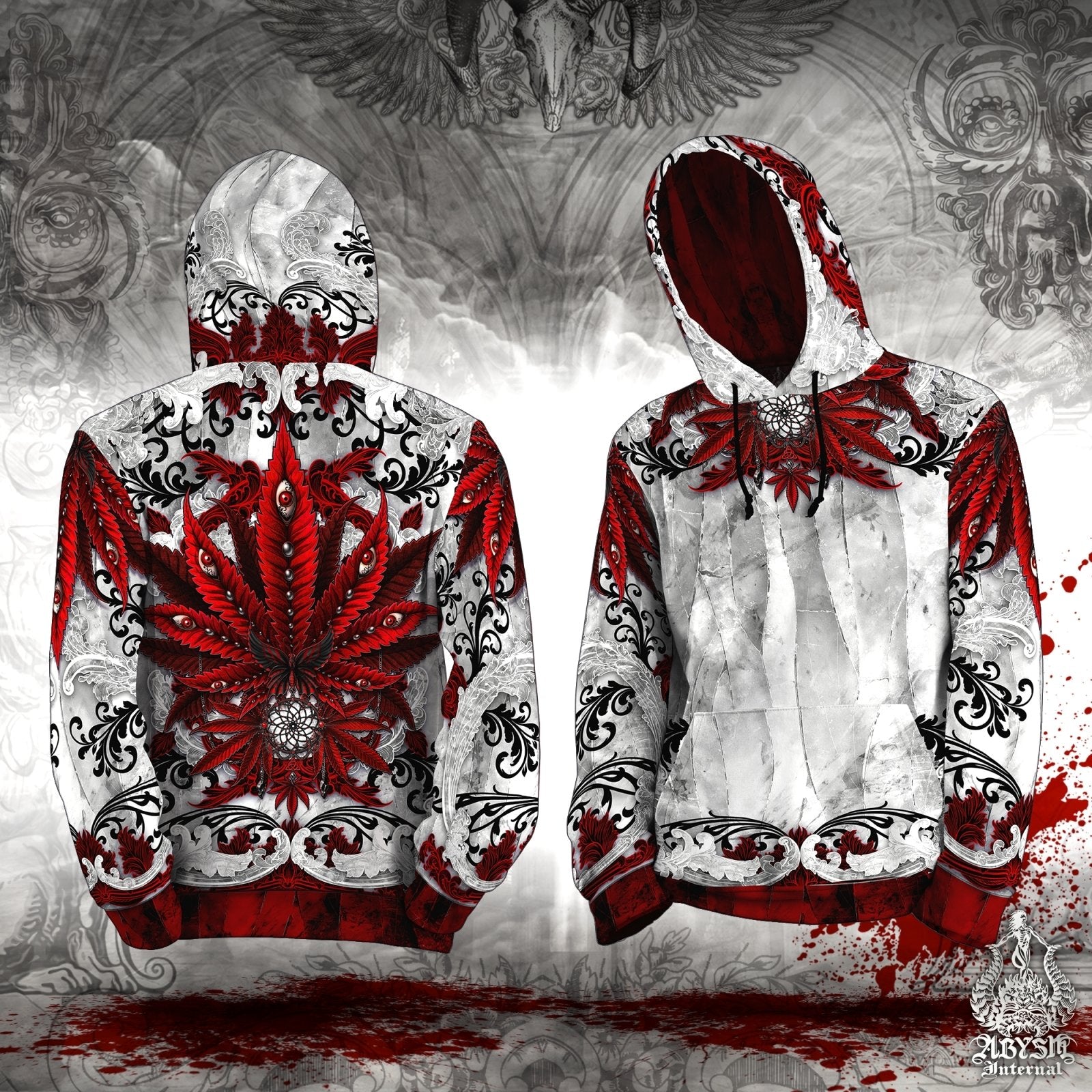 Cannabis Hoodie, Weed Clothes, Gothic Festival Outfit, White Goth Streetwear, Indie and Alternative Clothing, Unisex, 420 Gift - Bloody Red Marijuana - Abysm Internal