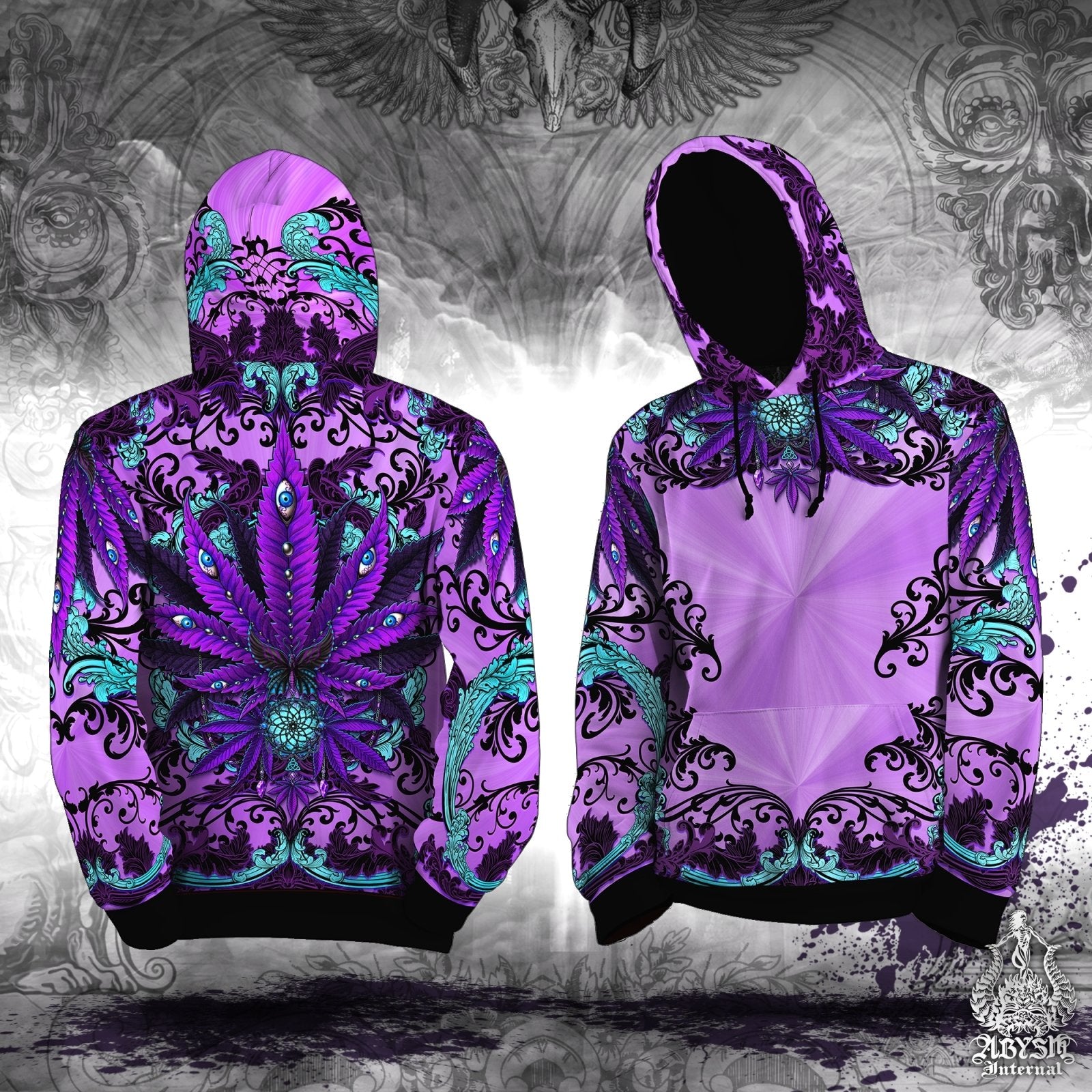 Cannabis Hoodie, Weed Concert Clothes, Gothic Festival Outfit, Pastel Goth Streetwear, Alternative Clothing, Unisex, 420 Gift - Black and Purple Marijuana - Abysm Internal