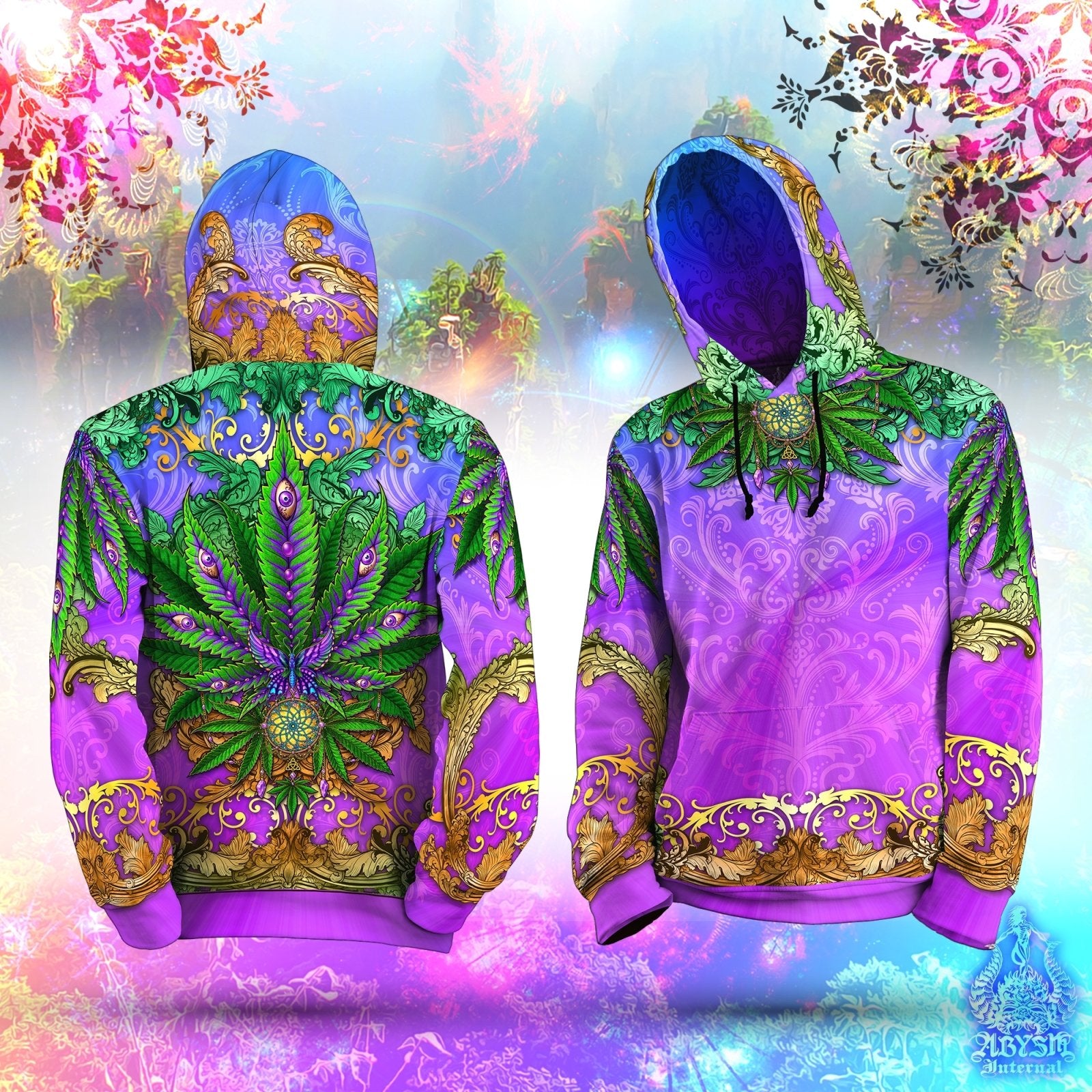 Cannabis Hoodie, Weed Festival Clothes, Trippy Outfit, Hippie Streetwear, Indie and Alternative Clothing, Unisex, 420 Gift - Marijuana, Nature, Green and Purple - Abysm Internal