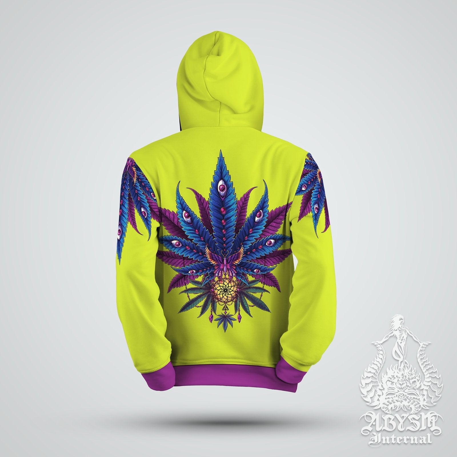 Cannabis Hoodie, Weed Festival, Trippy Outfit, Indie Streetwear, Alternative Clothing, Unisex, 420 Gift - Neon II Green, Marijuana - Abysm Internal