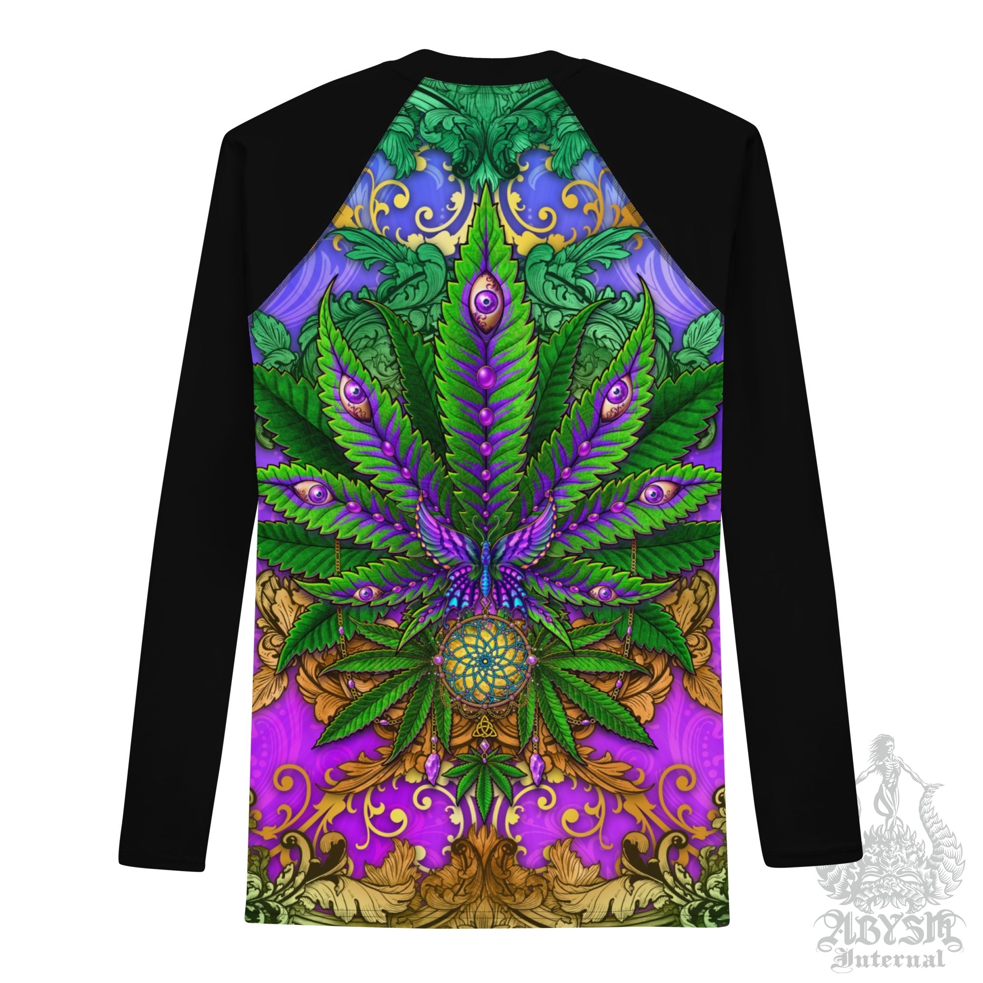 Cannabis Men's Rash Guard, Long Sleeve spandex shirt for surfing, swimwear top for water sports, 420 Gift - Nature Marijuana Leaf - Abysm Internal