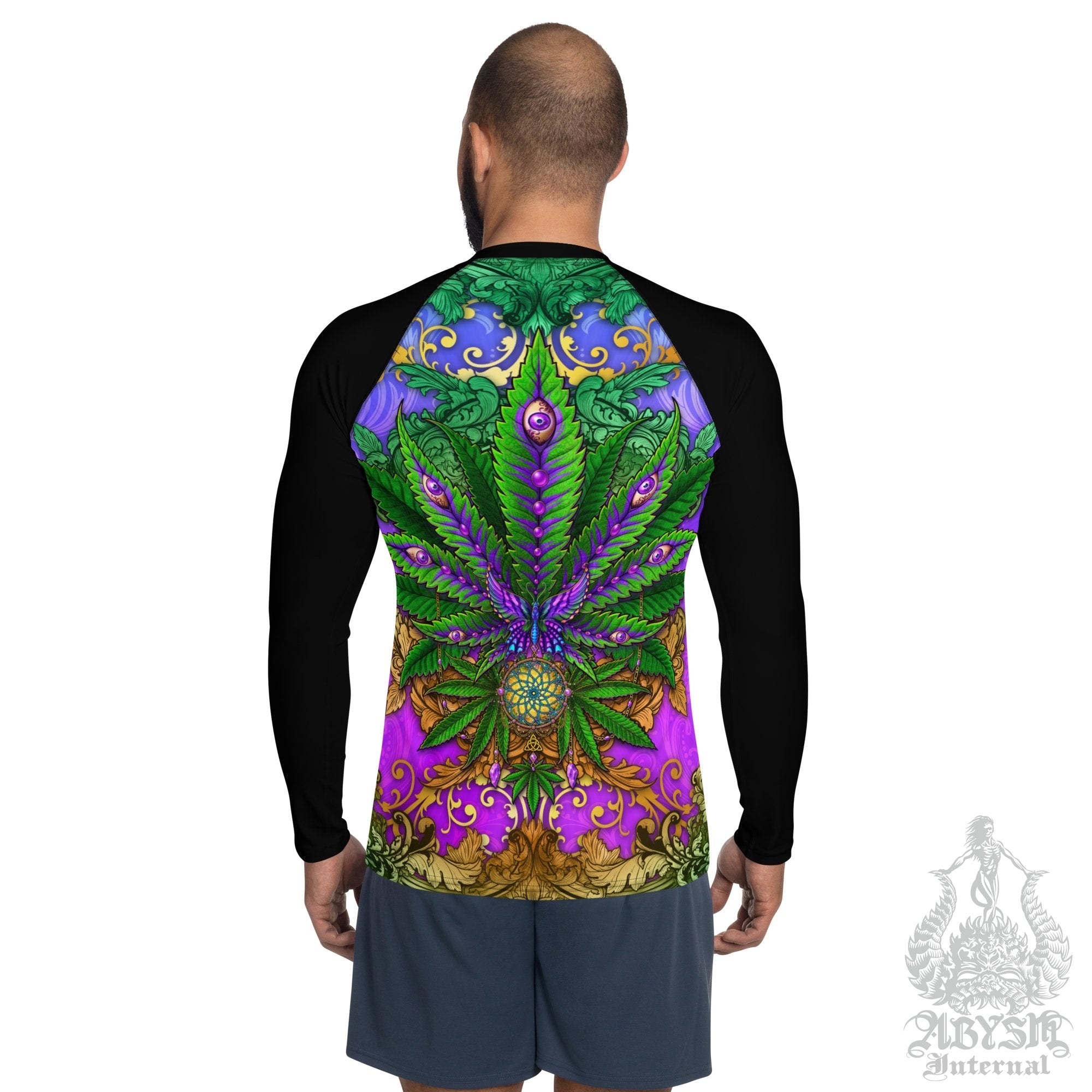 Cannabis Men's Rash Guard, Long Sleeve spandex shirt for surfing, swimwear top for water sports, 420 Gift - Nature Marijuana Leaf - Abysm Internal