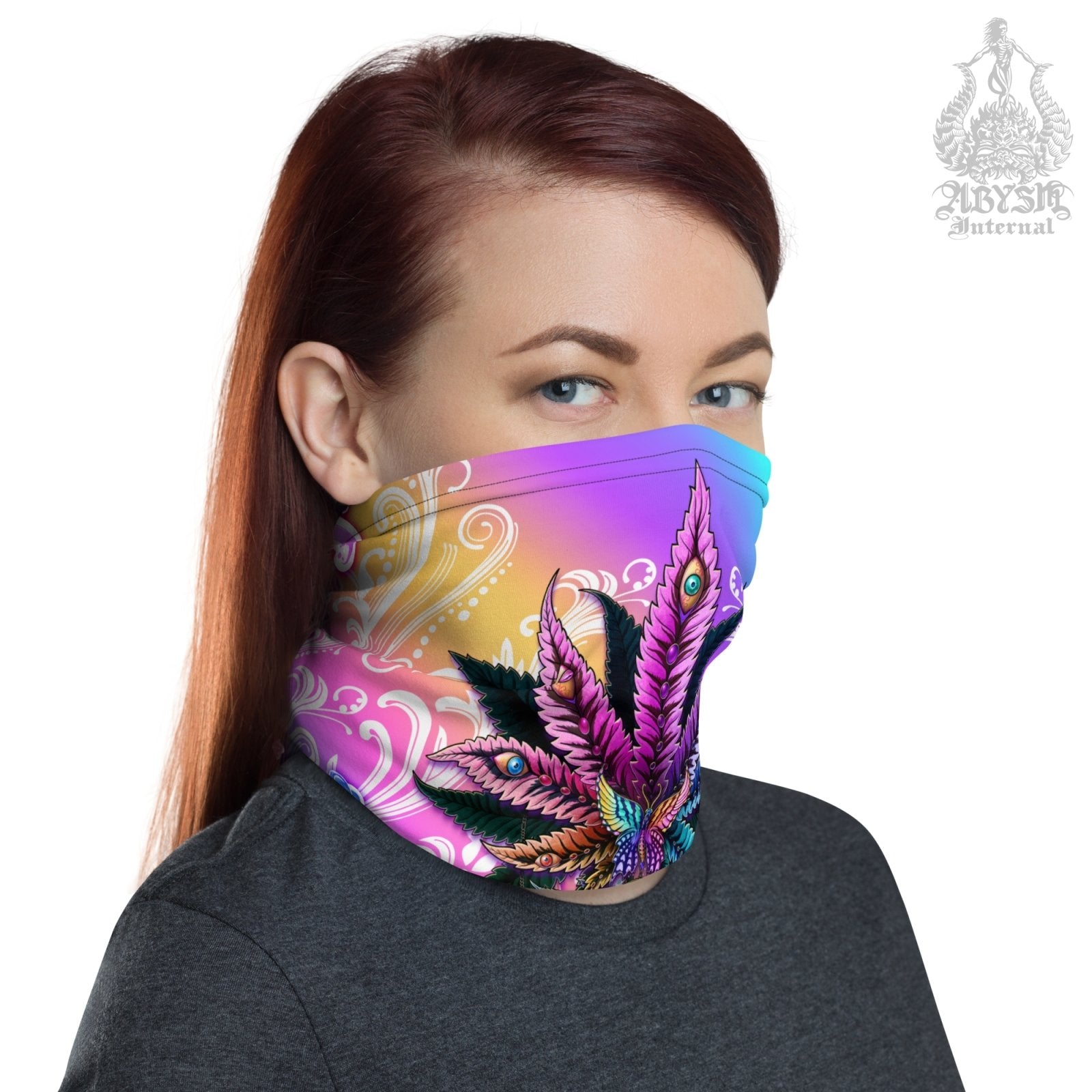 Cannabis Neck Gaiter, Weed Face Mask, Colorful Marijuana Head Covering, Psychedelic Festival Outfit, 420 Gift - Black - Abysm Internal