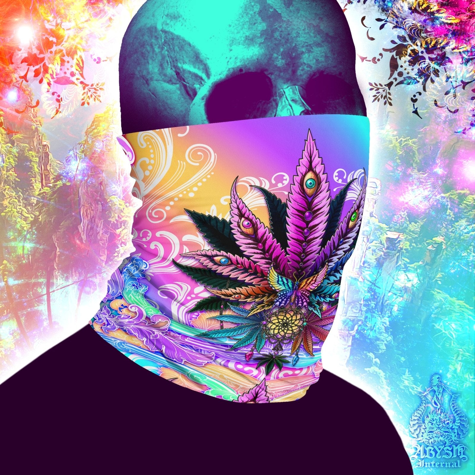 Cannabis Neck Gaiter, Weed Face Mask, Colorful Marijuana Head Covering, Psychedelic Festival Outfit, 420 Gift - Black - Abysm Internal
