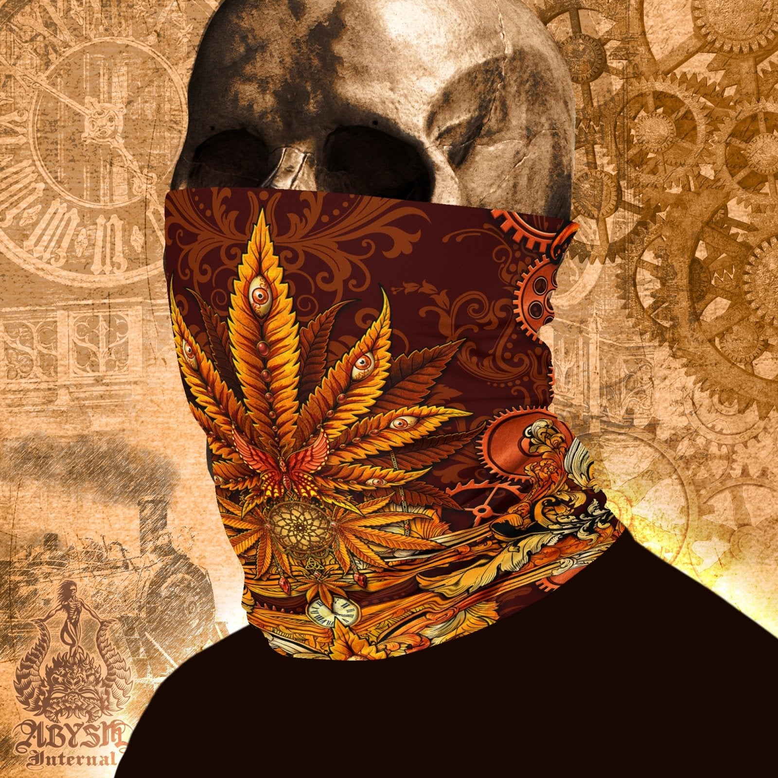 Cannabis Neck Gaiter, Weed Face Mask, Marijuana Head Covering, Outdoors Festival Outfit, 420 Gift - Steampunk - Abysm Internal