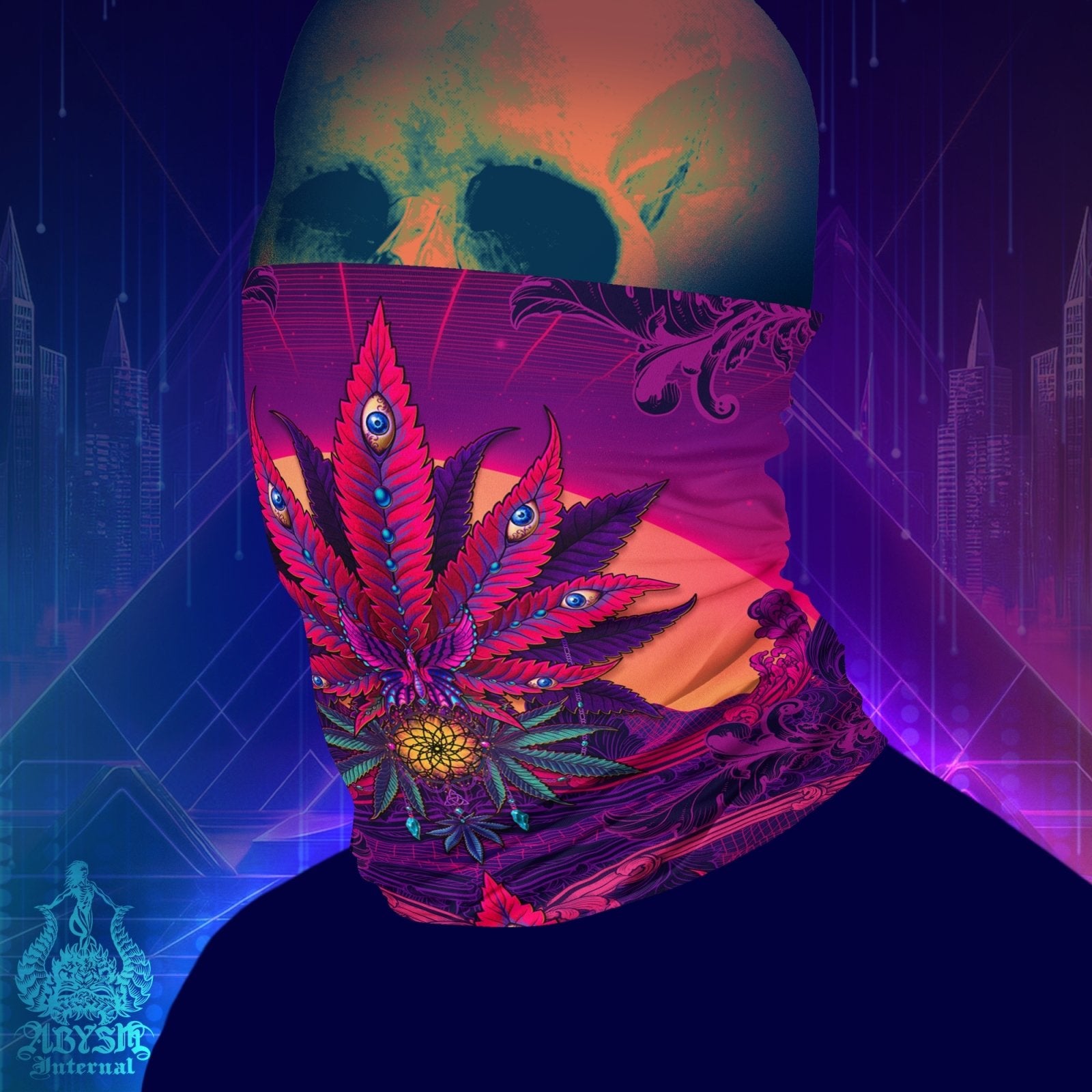Cannabis Neck Gaiter, Weed Face Mask, Synthwave Head Covering, Psychedelic Vaporwave 80s Retrowave, Festival Outfit, 420 Gift - Marijuana - Abysm Internal