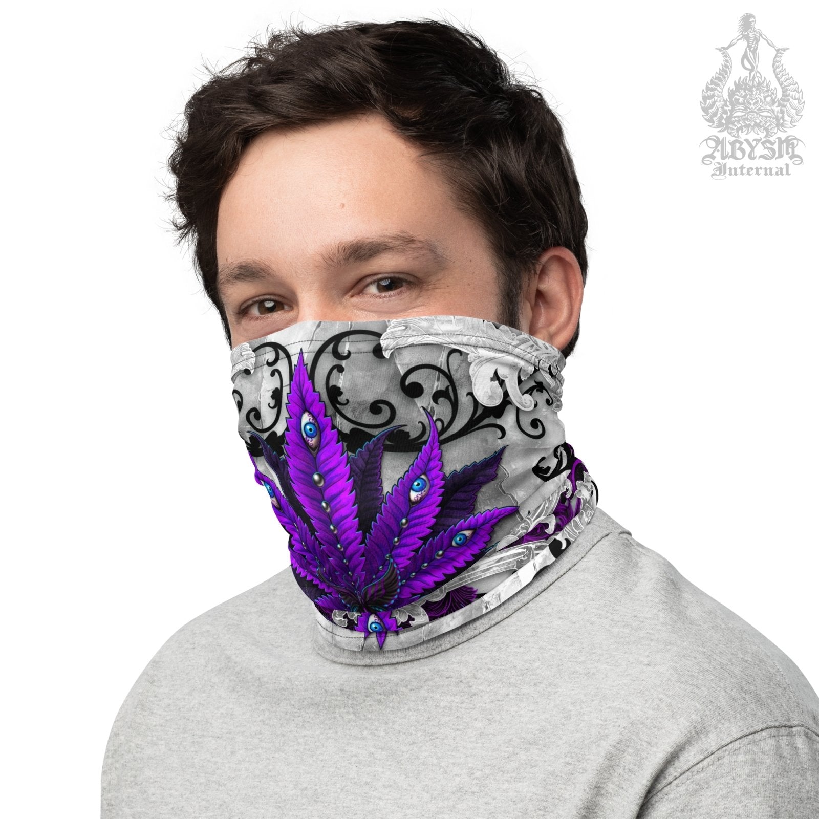 Cannabis Neck Gaiter, Weed Face Mask, White Goth Marijuana Head Covering, Outdoors Festival Outfit, Heavy Metal Concert, 420 Gift - Gothic Purple - Abysm Internal