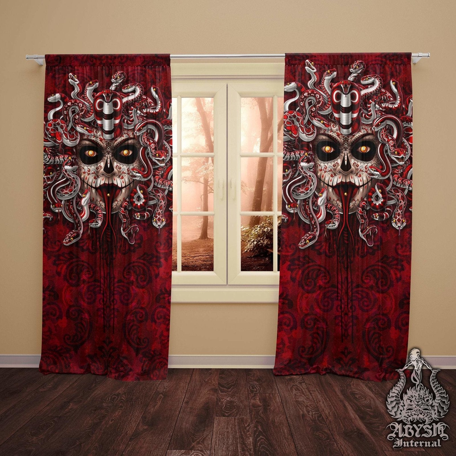 Catrina Blackout Curtains, Long Window Panels, Dia de los Muertos, Gothic Home Decor, Art Print - Red Medusa & Snakes, Mocking - Abysm Internal