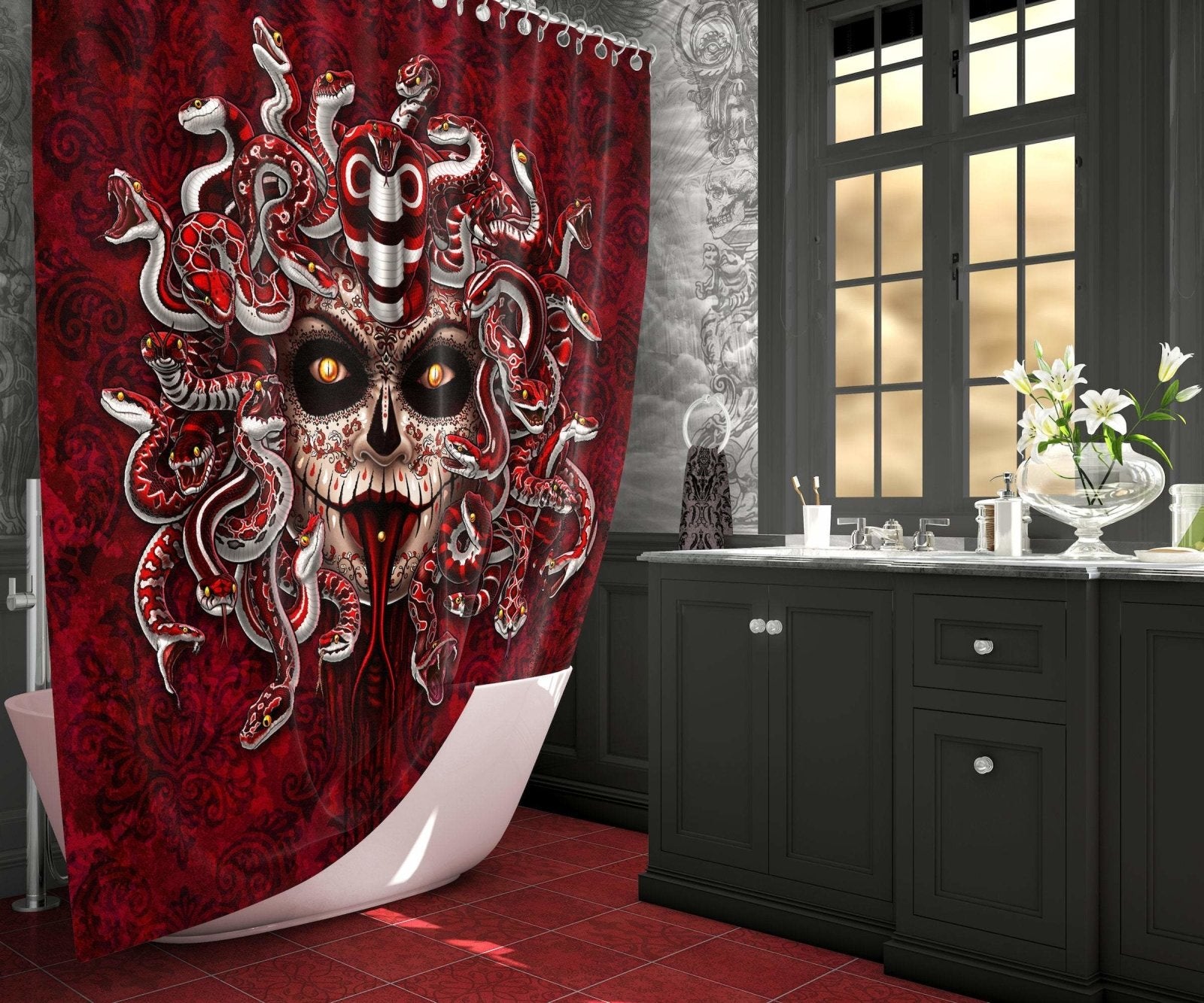 Catrina Shower Curtain, Dia de los Muertos, Day of the Dead, Mexican, Gothic Bathroom Decor - Medusa, Mocking, Red & White Snakes - Abysm Internal