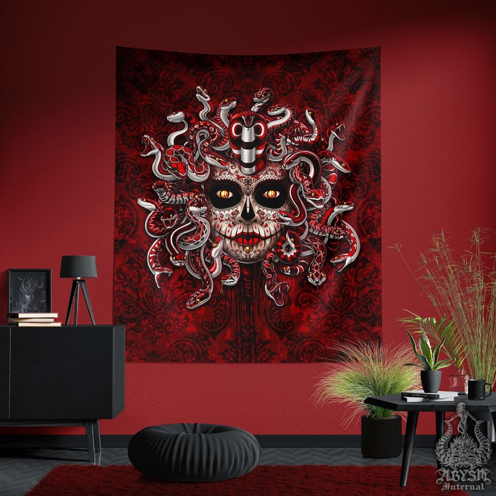 Catrina Tapestry, Gothic Wall Hanging, Dia de los Muertos, Mexican Home Decor, Art Print - Red Medusa and Snakes, 2 Faces - Abysm Internal
