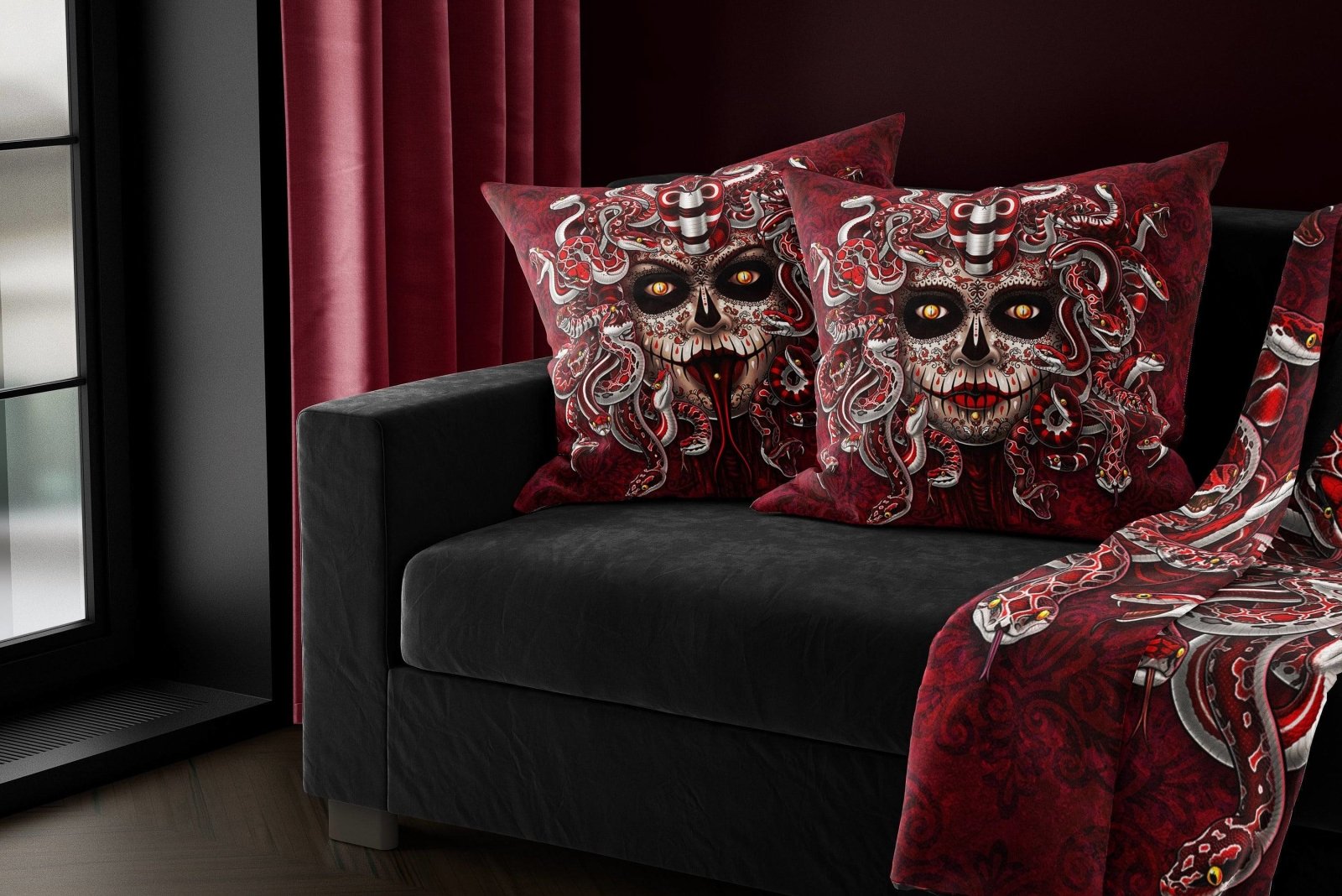 Catrina Throw Pillow, Decorative Accent Cushion, Medusa, Dia de los Muertos Decor, Day of the Dead, Mexican Art, Alternative Home - Mock, Red Snakes - Abysm Internal