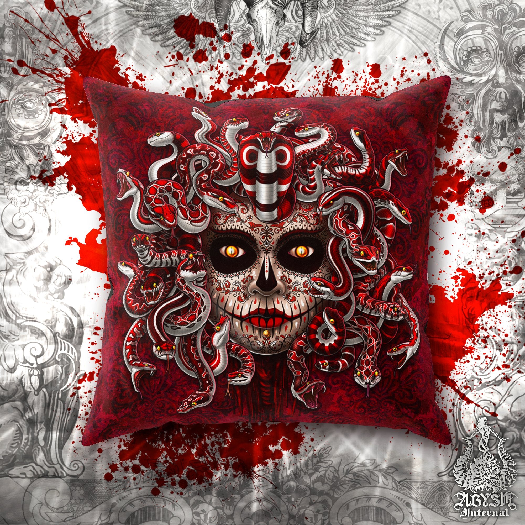 Catrina Throw Pillow, Decorative Accent Pillow, Square Cushion Cover, Medusa, Day of the Dead, Mexican Art, Alternative Home Decor - Red Snakes, 2 Faces - Abysm Internal