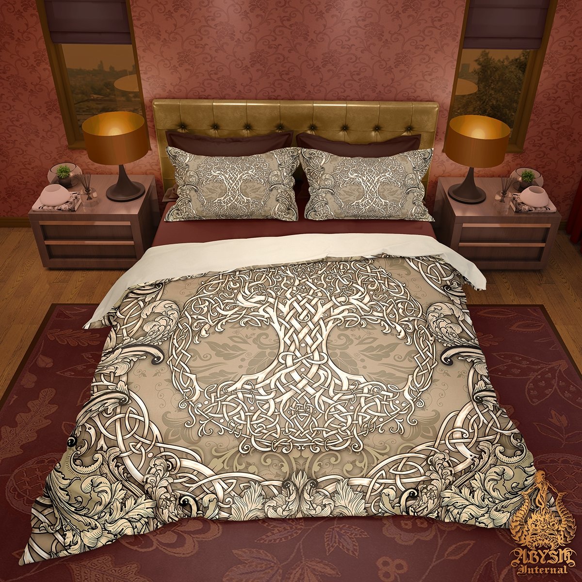 Celtic Bedding Set, Comforter and Duvet, Indie Bed Cover, Wiccan Bedroom Decor King, Queen and Twin Size - Celtic, Tree of Life, Cream - Abysm Internal