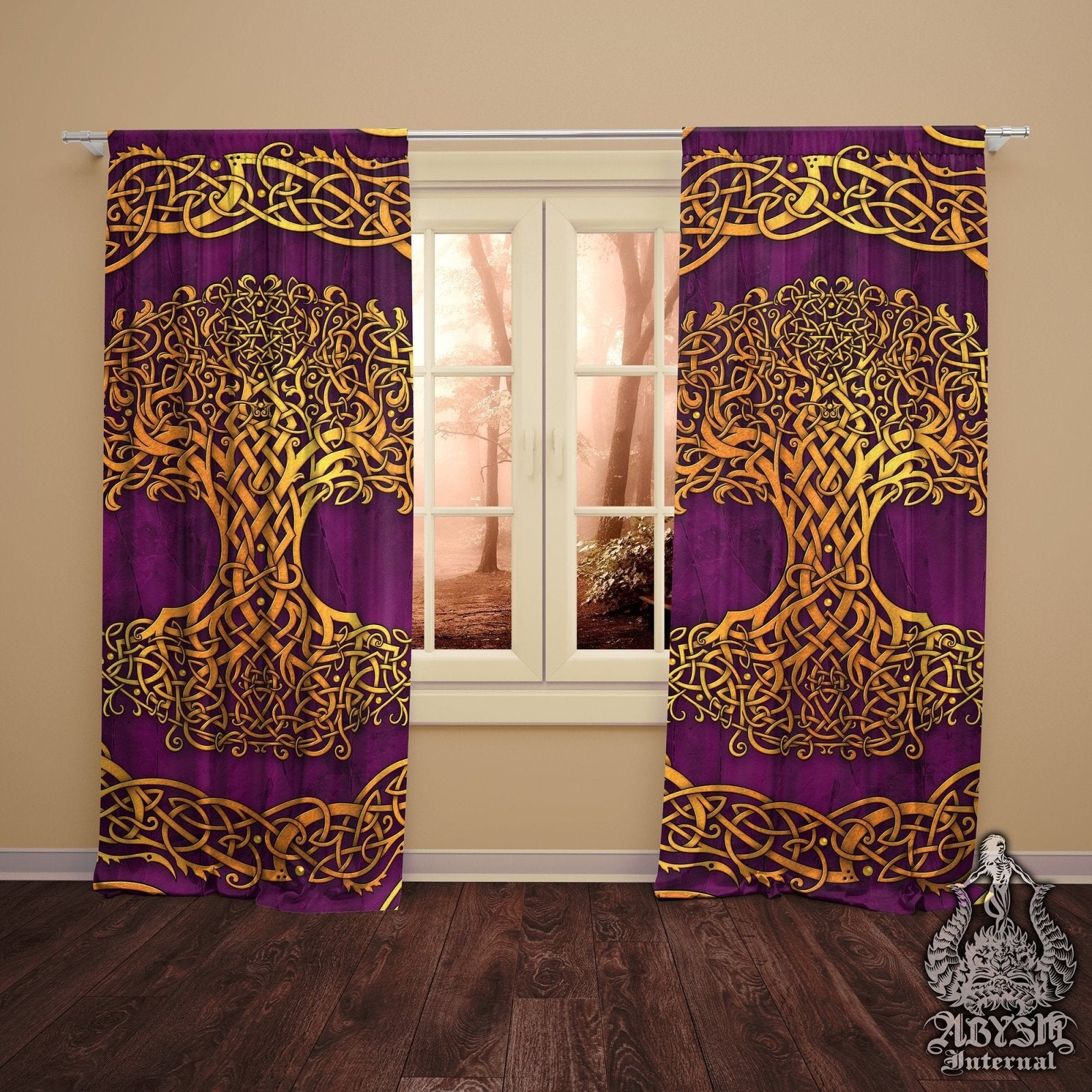 Celtic Blackout Curtains, Long Window Panels, Tree of Life, Indie and Pagan Room Decor, Art Print, Funky and Eclectic Home Decor - Gold & Purple - Abysm Internal
