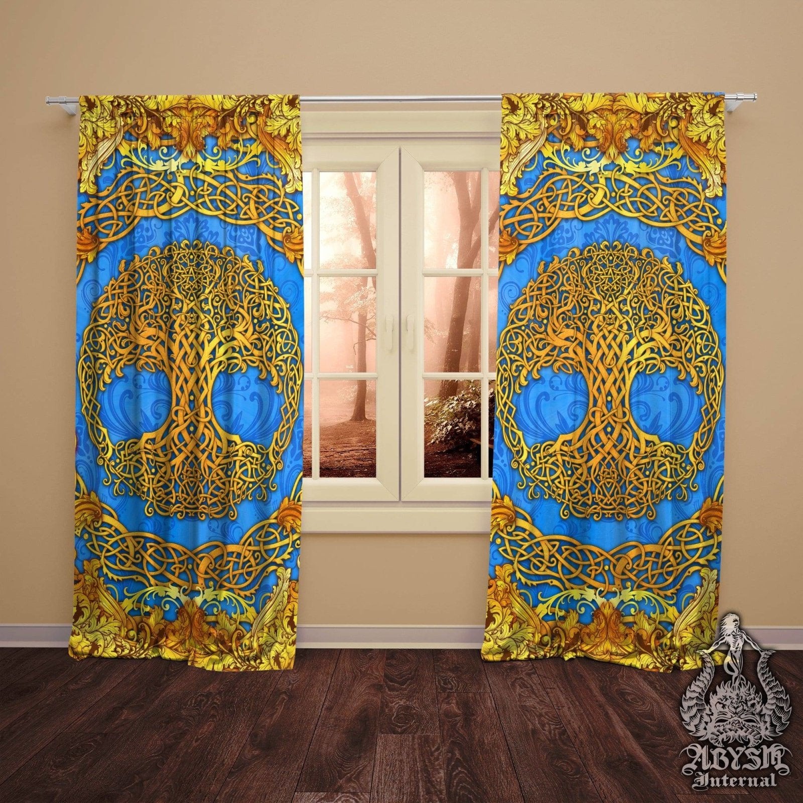 Celtic Blackout Curtains, Long Window Panels, Tree of Life, Pagan and Boho Room Decor, Art Print, Funky and Eclectic Home Decor - Cyan & Gold - Abysm Internal