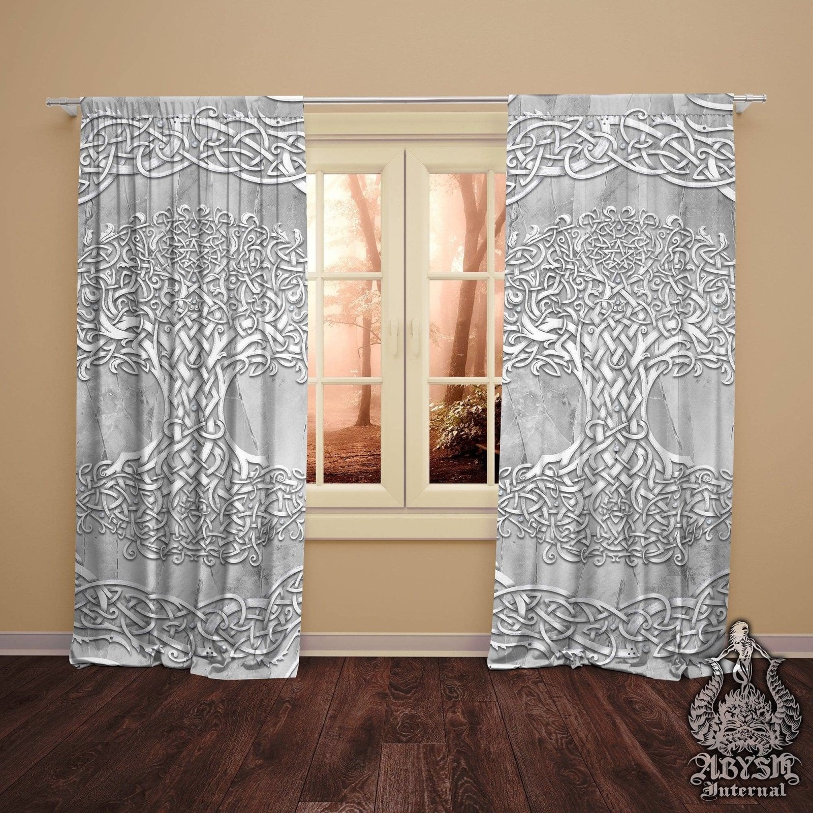Celtic Blackout Curtains, Long Window Panels, Tree of Life, Pagan Room Decor, Art Print, Funky and Eclectic Home Decor - Stone - Abysm Internal