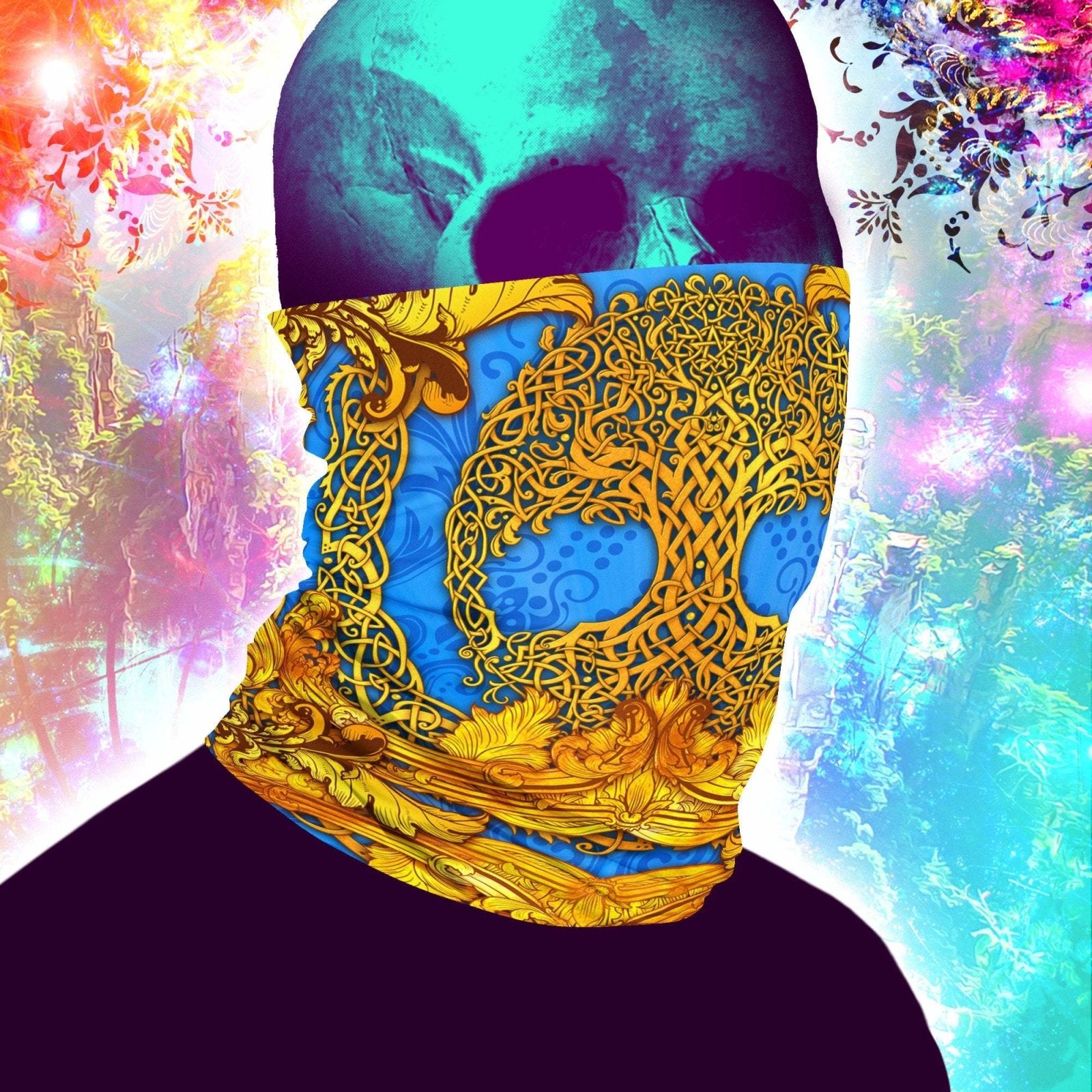 Celtic Neck Gaiter, Face Mask, Head Covering, Pagan Outfit, Tree of Life, Witchy - Cyan & Gold - Abysm Internal