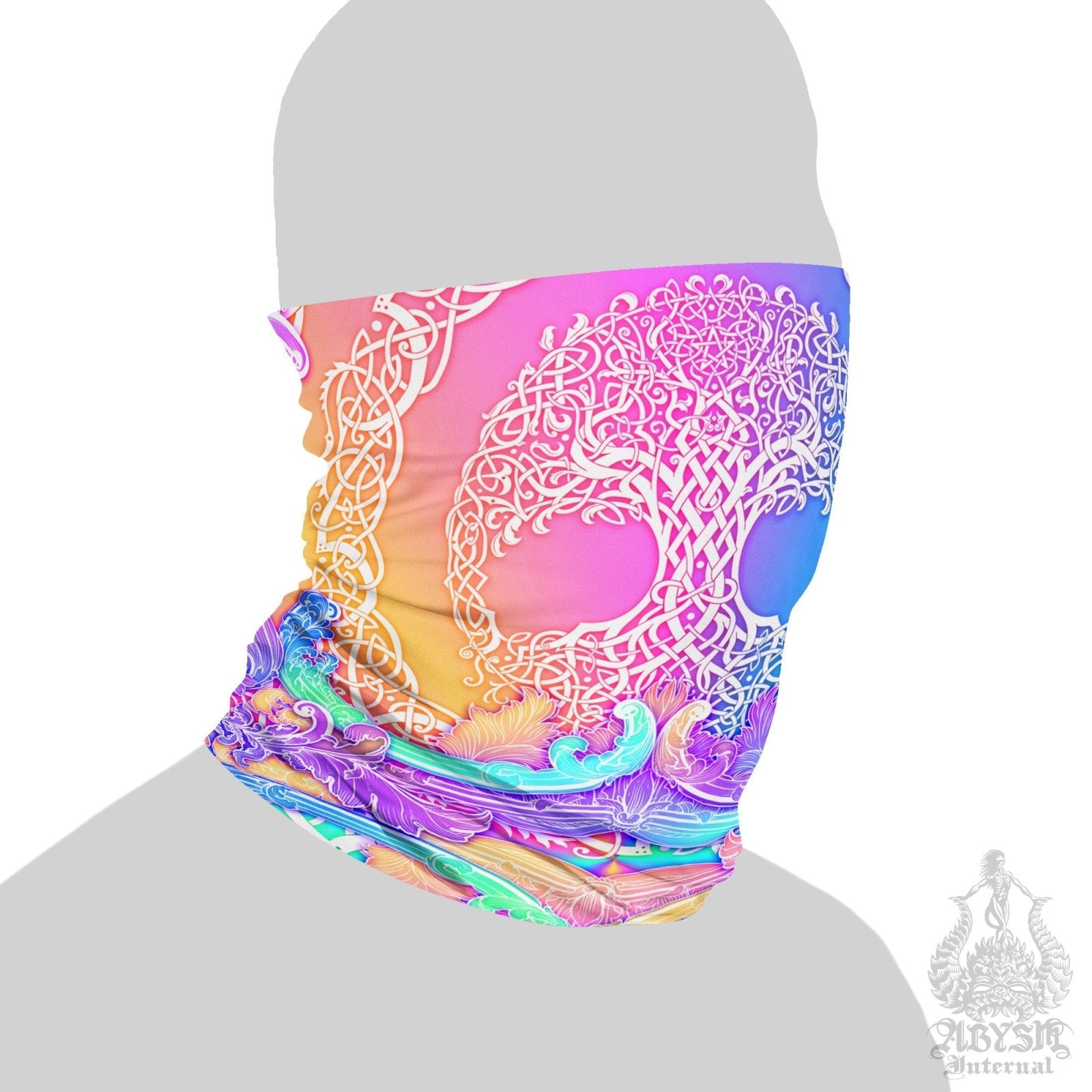 Celtic Neck Gaiter, Face Mask, Head Covering, Rave Outfit, Pagan Outfit, Tree of Life, Witchy - Aesthetic, Holographic Pastel - Abysm Internal