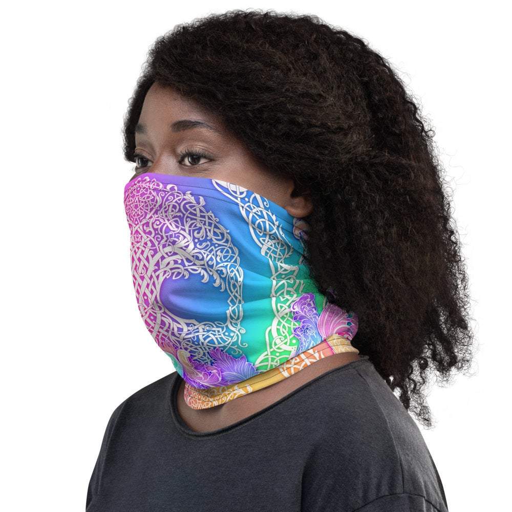 Celtic Neck Gaiter, Face Mask, Head Covering, Rave Outfit, Pagan Outfit, Tree of Life, Witchy - Aesthetic, Holographic Pastel - Abysm Internal