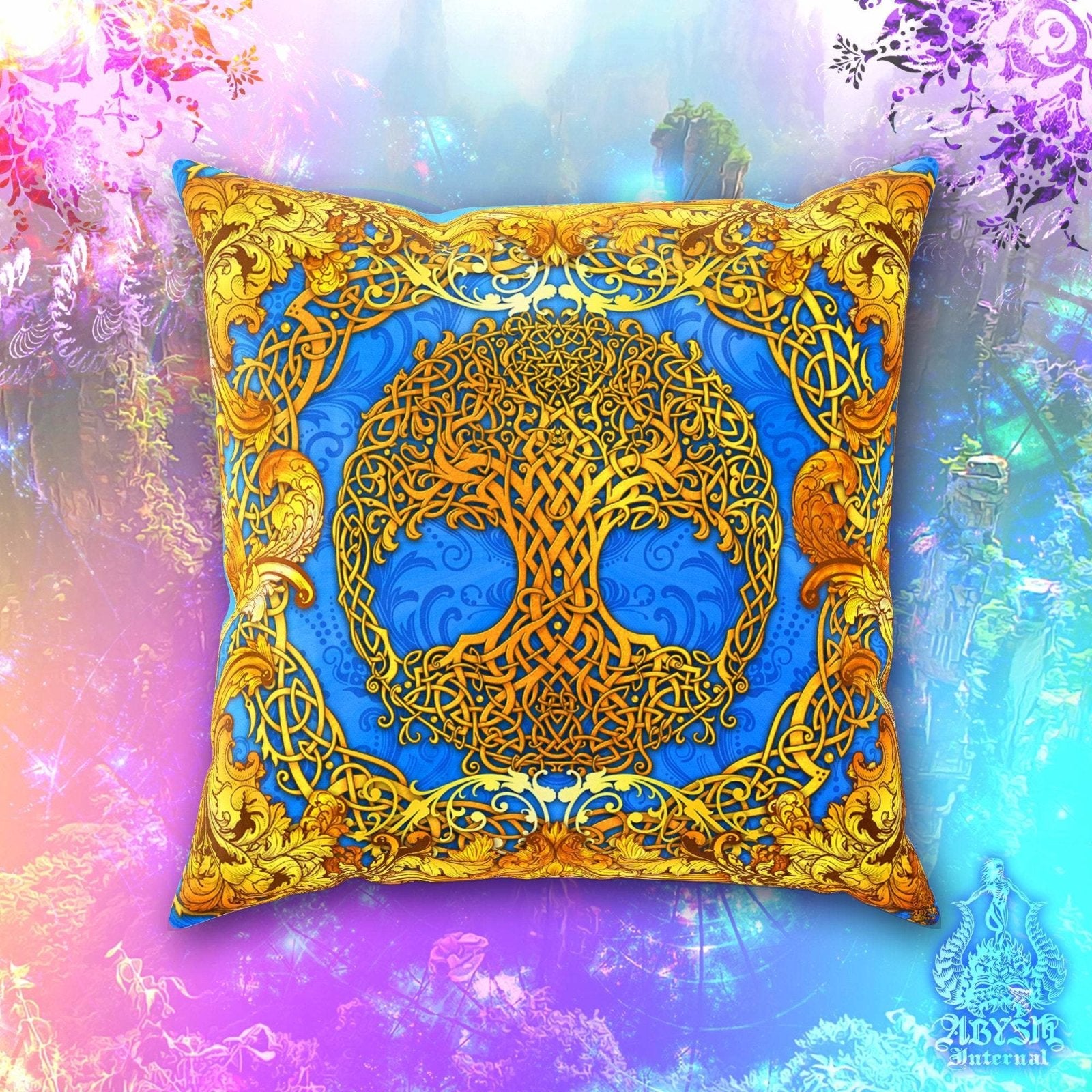 Celtic Throw Pillow, Decorative Accent Cushion, Tree of Life, Pagan Room Decor, Witchy Art, Funky and Eclectic Home - Cyan & Gold - Abysm Internal