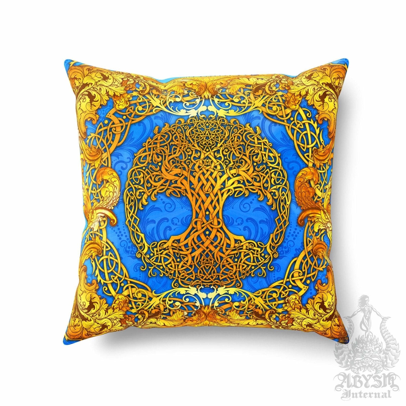 Celtic Throw Pillow, Decorative Accent Cushion, Tree of Life, Pagan Room Decor, Witchy Art, Funky and Eclectic Home - Cyan & Gold - Abysm Internal