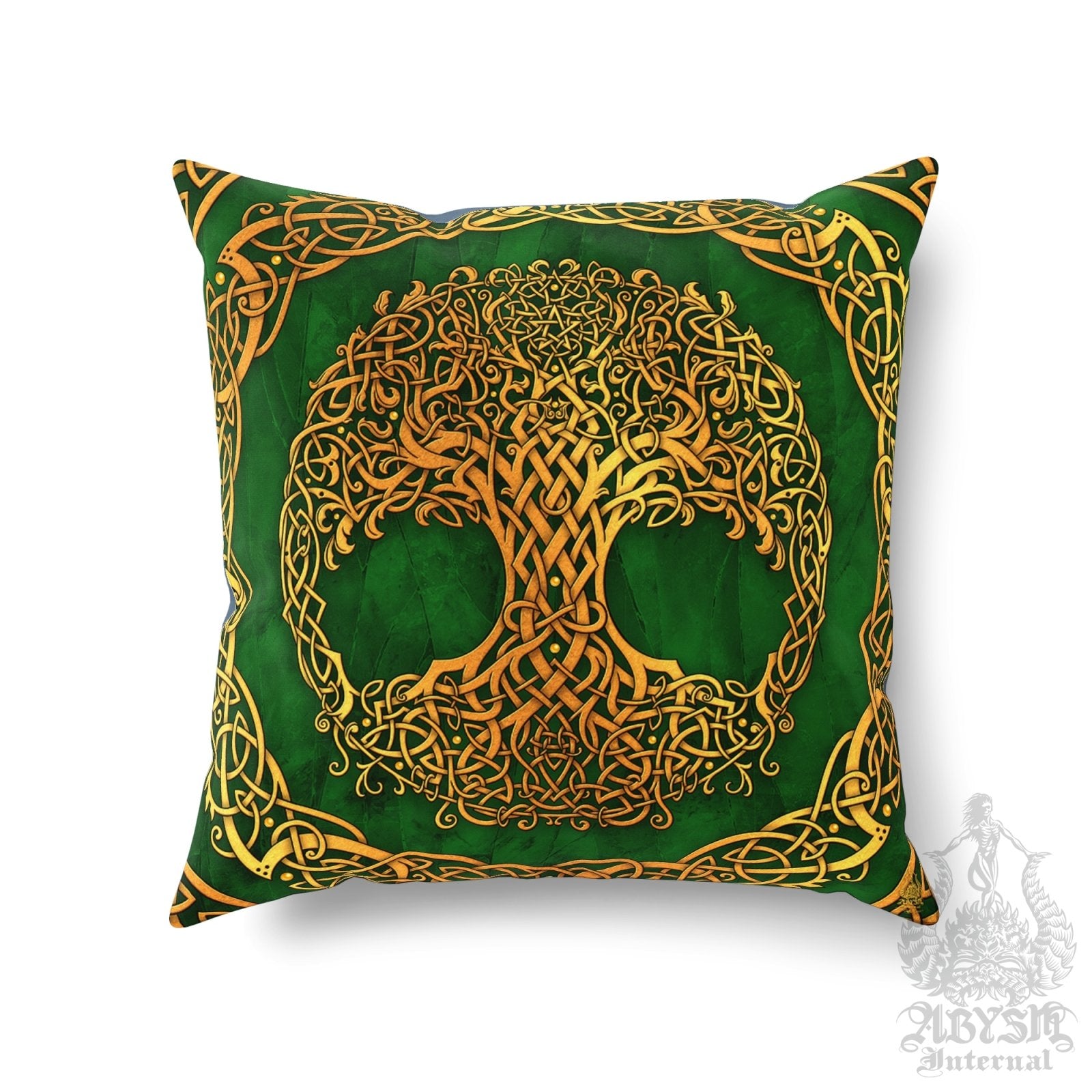 Celtic Throw Pillow, Decorative Accent Cushion, Tree of Life, Pagan Room Decor, Witchy Art, Funky and Eclectic Home - Gold and Green - Abysm Internal