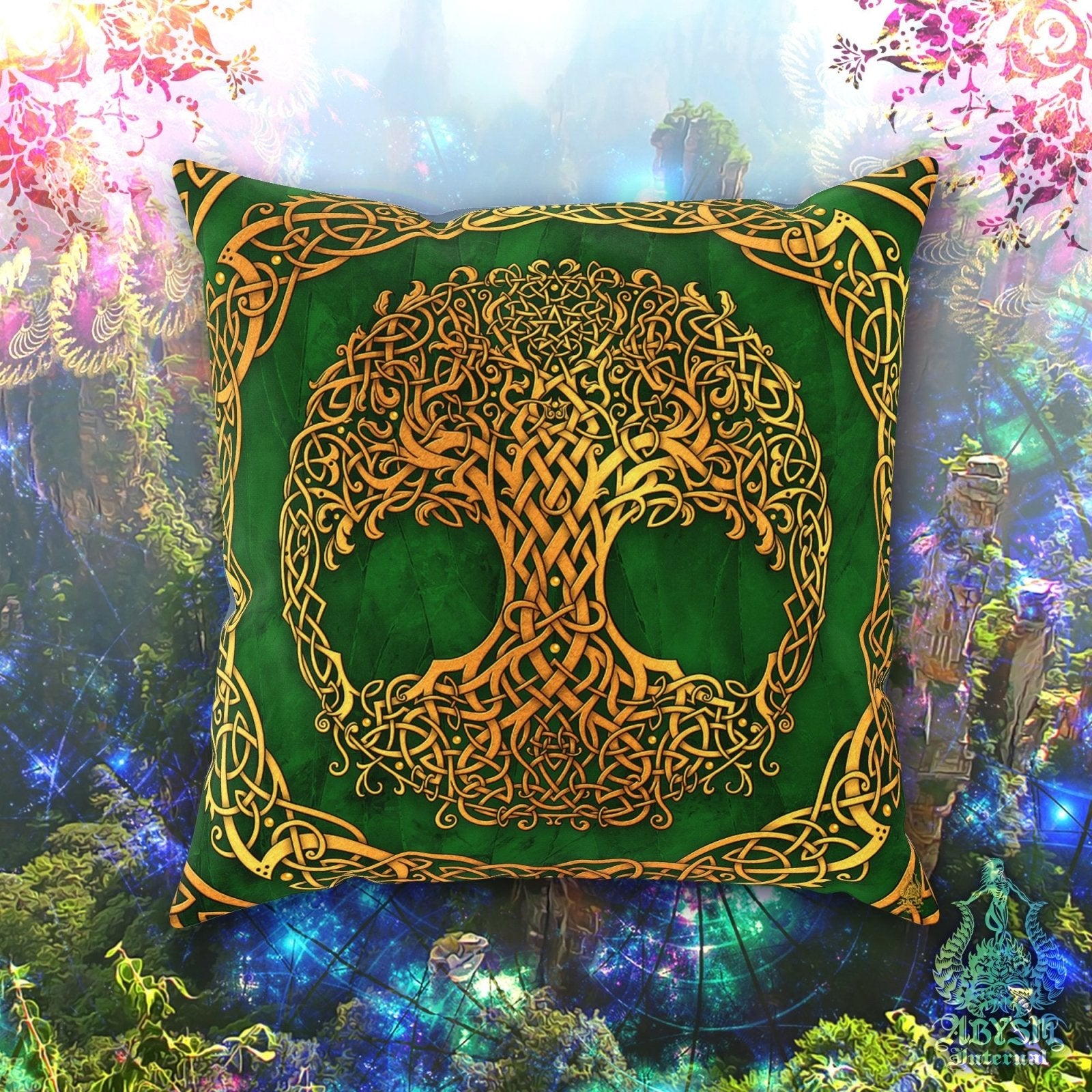 Celtic Throw Pillow, Decorative Accent Cushion, Tree of Life, Pagan Room Decor, Witchy Art, Funky and Eclectic Home - Gold and Green - Abysm Internal