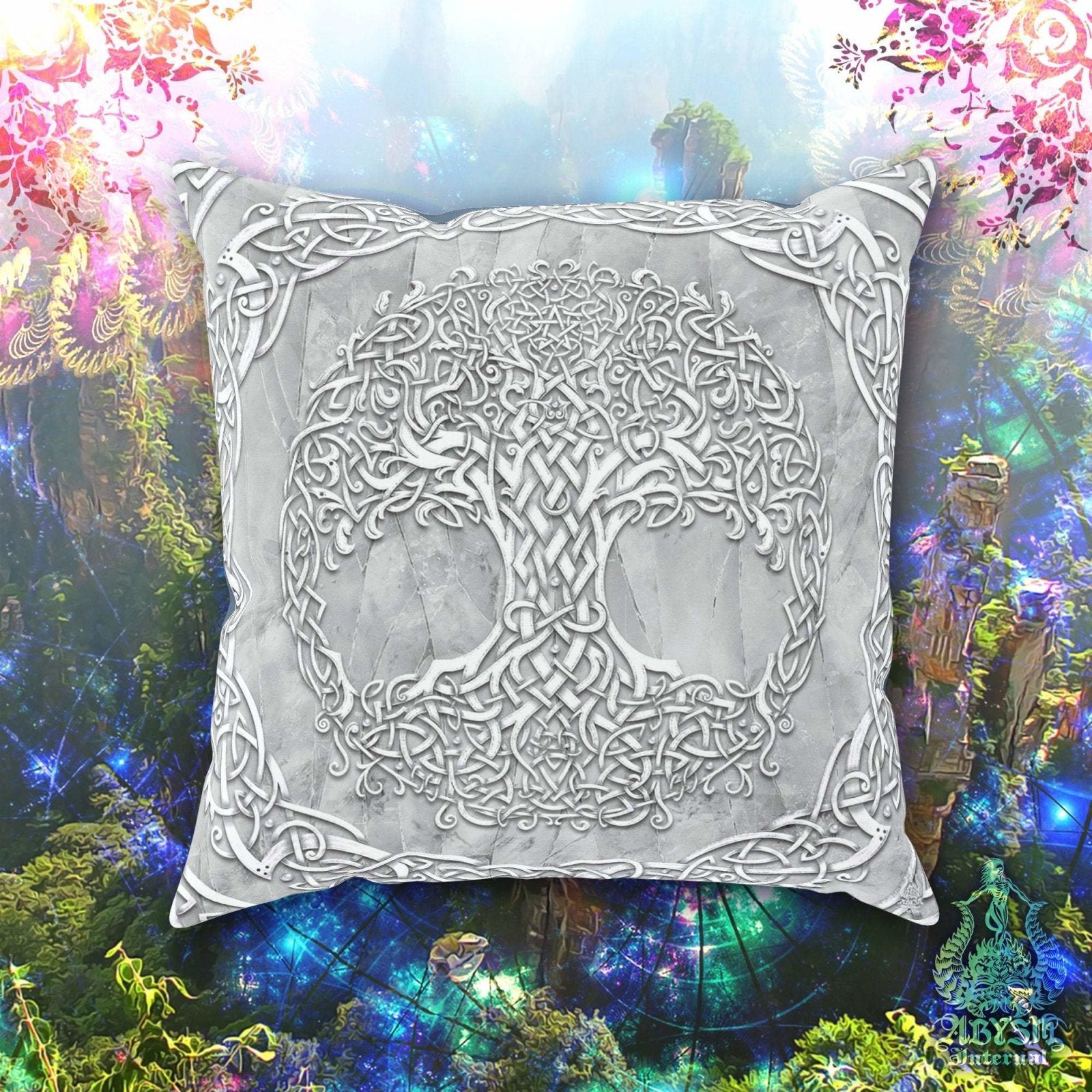 Celtic Throw Pillow, Decorative Accent Cushion, Tree of Life, Pagan Room Decor, Witchy Art, Funky and Eclectic Home - Stone - Abysm Internal