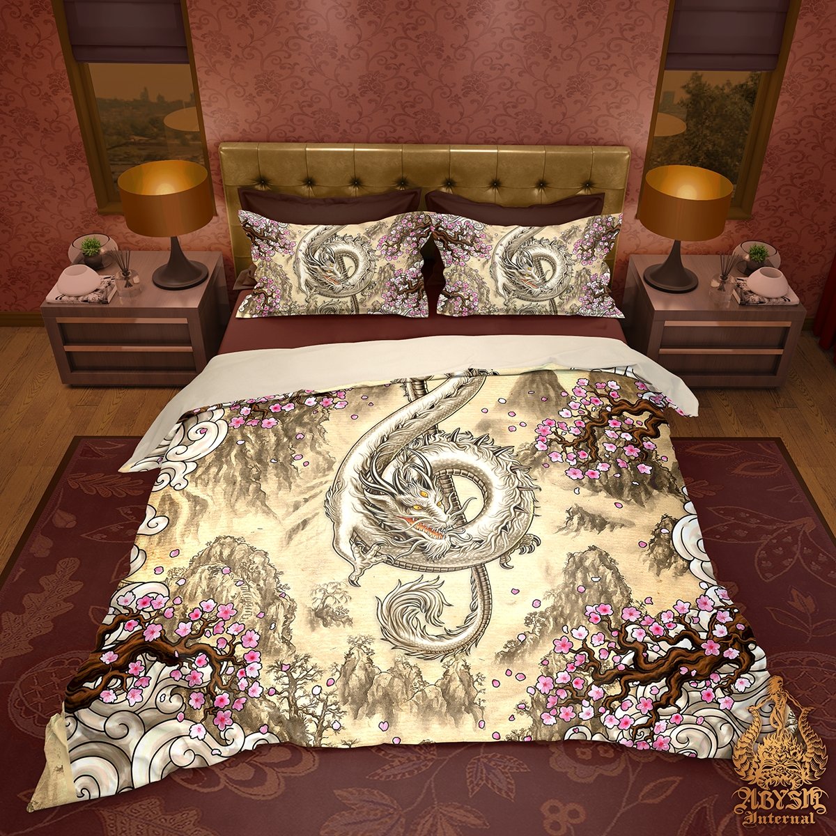 Chinese Dragon Bedding Set, Comforter and Duvet, Indie Bed Cover and Bedroom Decor, Music Art, King, Queen and Twin Size - Asian Painting - Abysm Internal