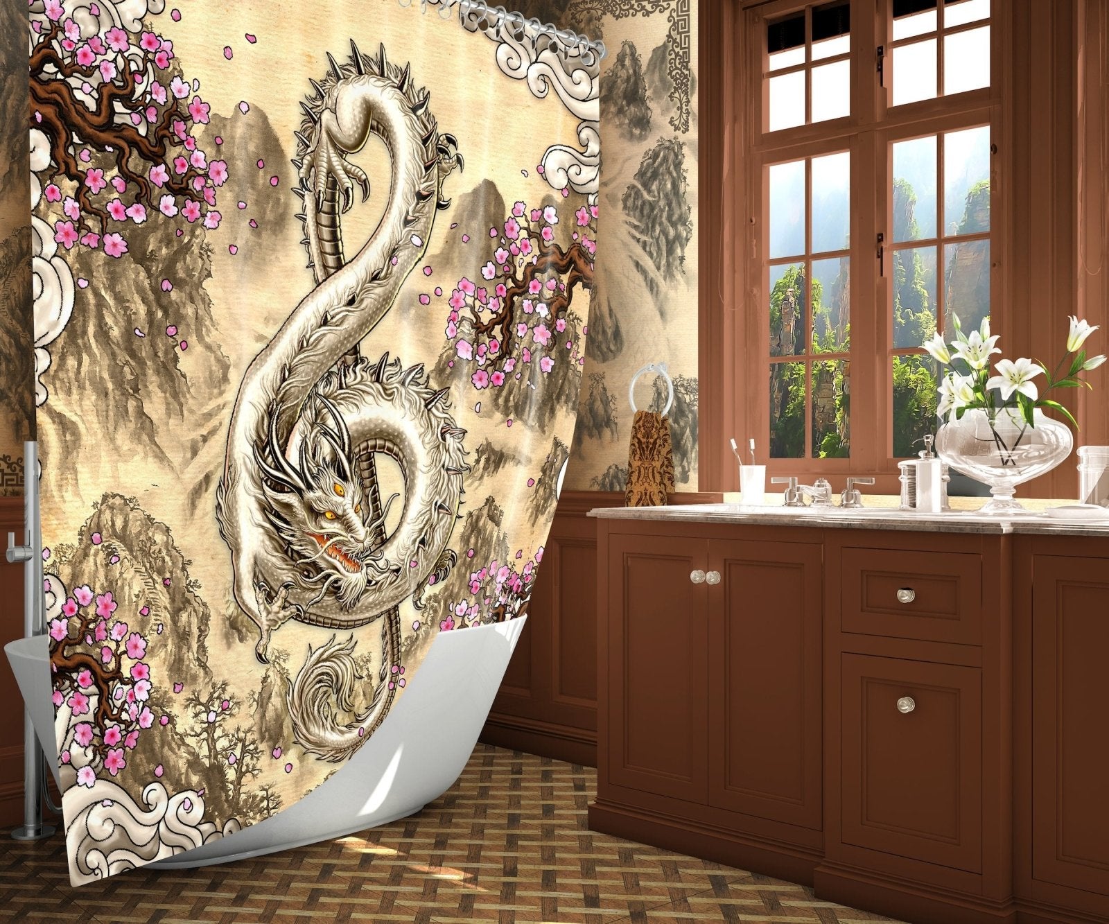 Chinese Dragon Shower Curtain, Fantasy and Indie Bathroom Decor, Treble Clef, Music Home Dragon, Eclectic and Funky Home - Asian Painting - Abysm Internal