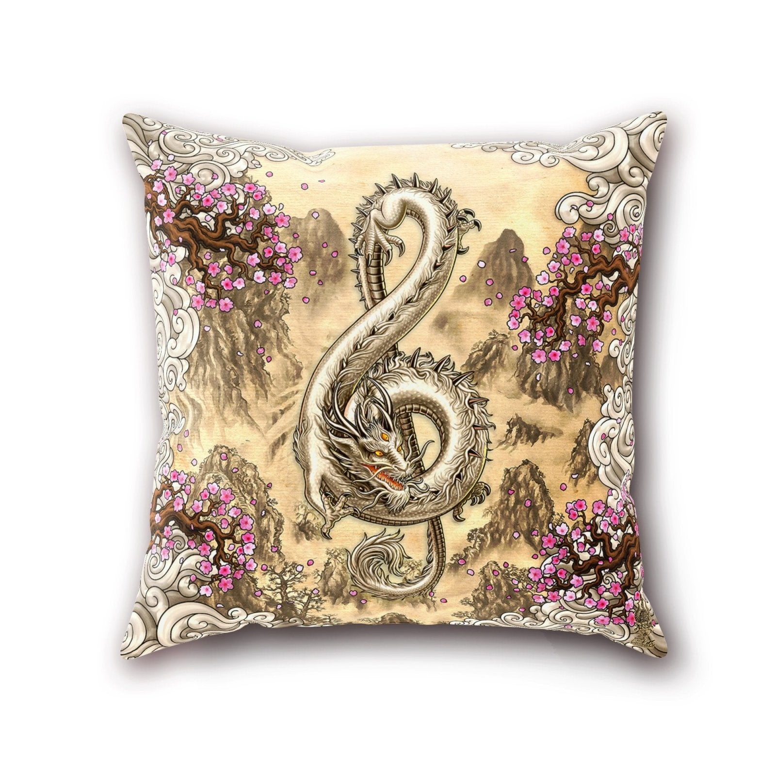 Chinese Dragon Throw Pillow, Decorative Accent Cushion, Music Room Decor, Funky and Eclectic Home - Treble Clef, Painting - Abysm Internal
