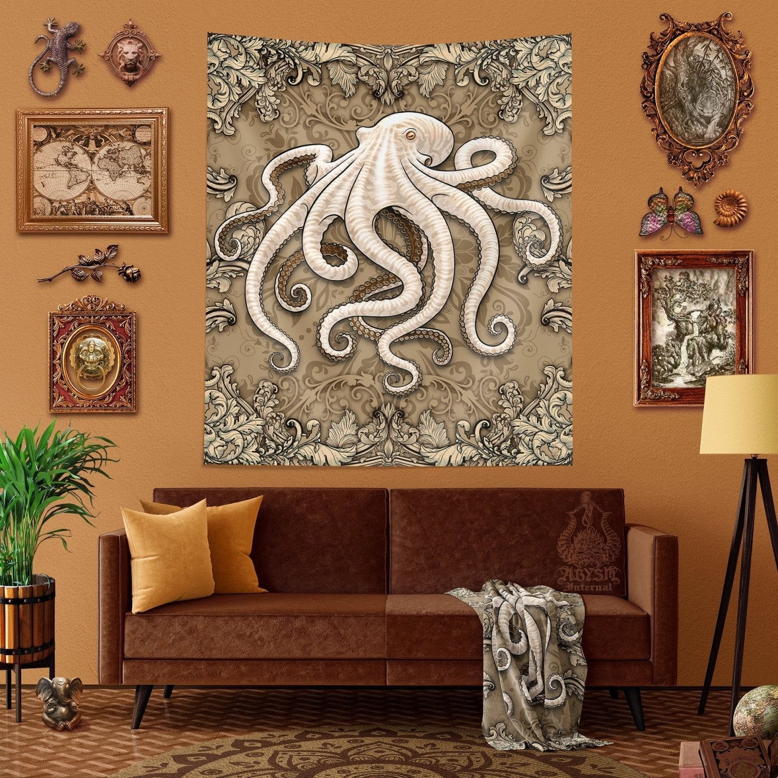 Coastal Tapestry, Octopus Wall Hanging, Beach Home Decor, Art Print, Eclectic and Funky - White & Cream - Abysm Internal