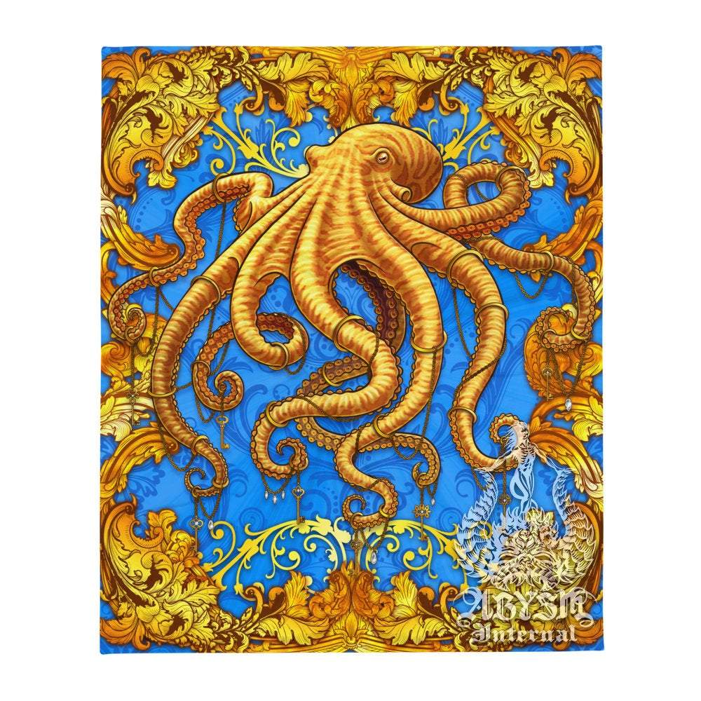 Coastal Tapestry, Octopus Wall Hanging, Ocean Home Decor, Art Print, Eclectic and Funky - Cyan & Gold - Abysm Internal