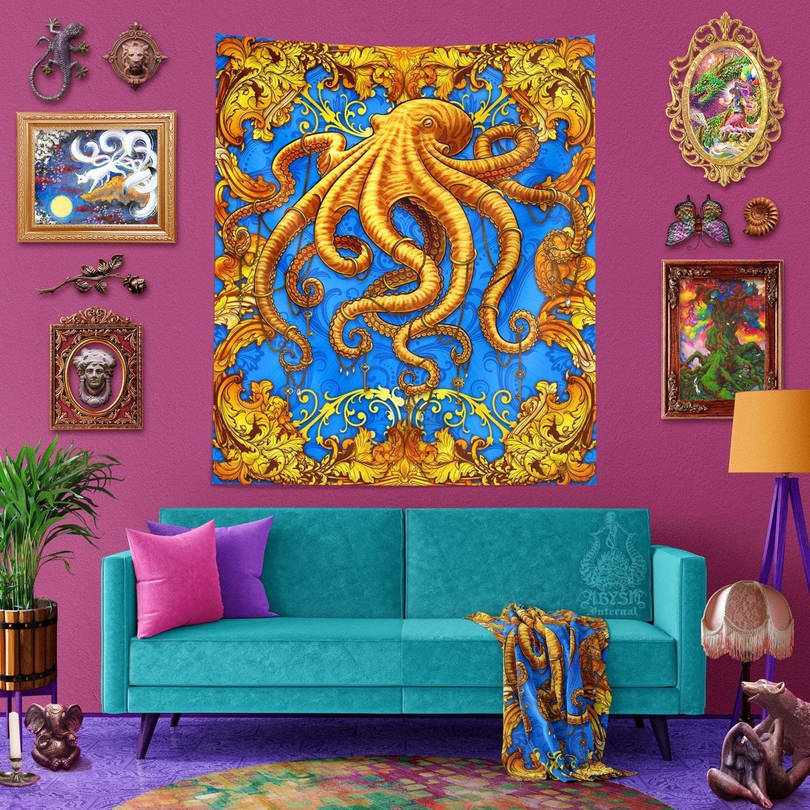 Coastal Tapestry, Octopus Wall Hanging, Ocean Home Decor, Art Print, Eclectic and Funky - Cyan & Gold - Abysm Internal