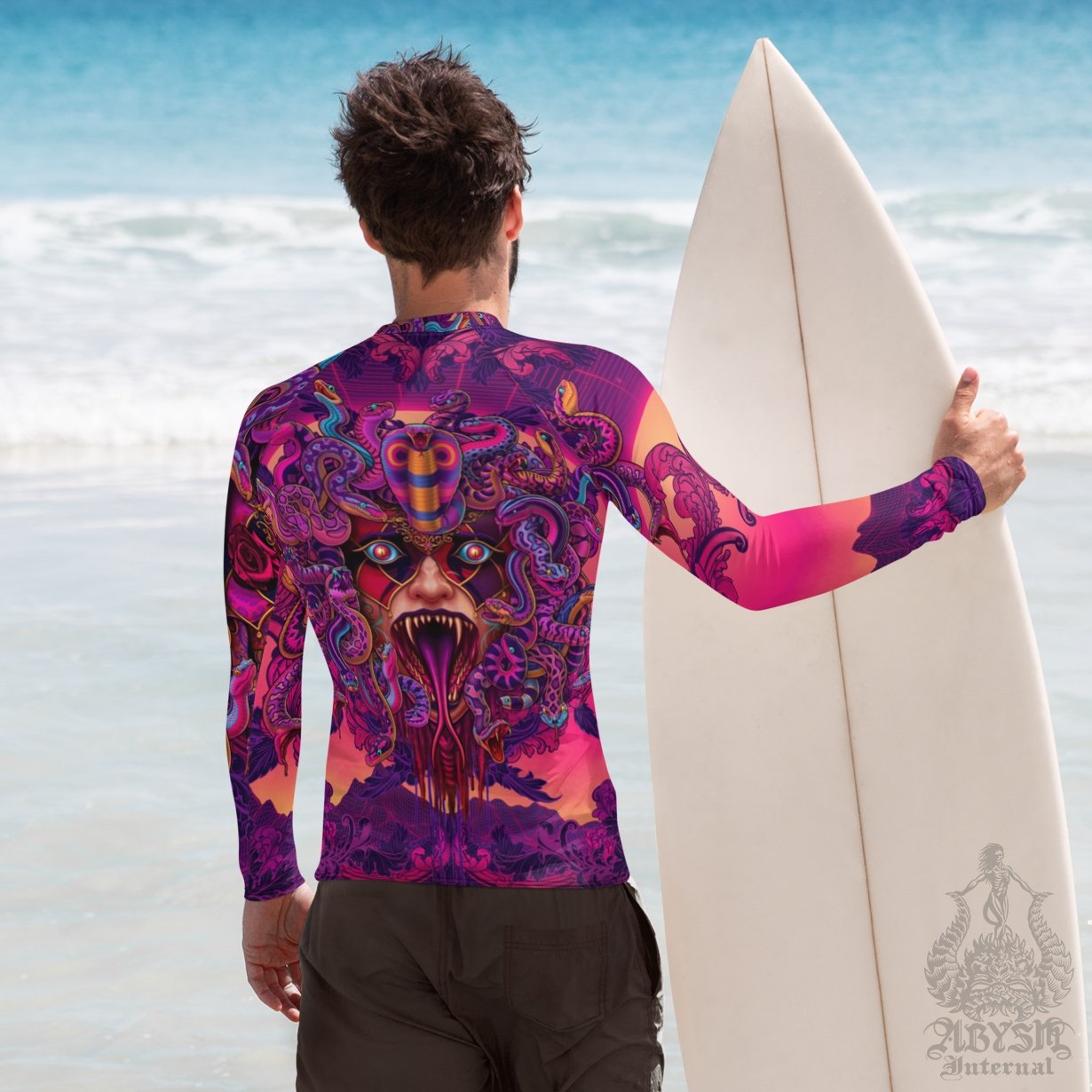 Cool Men's Rash Guard, Long Sleeve spandex shirt for surfing, swimwear top for water sports, Fantasy Art - Vaporwave Medusa - Abysm Internal