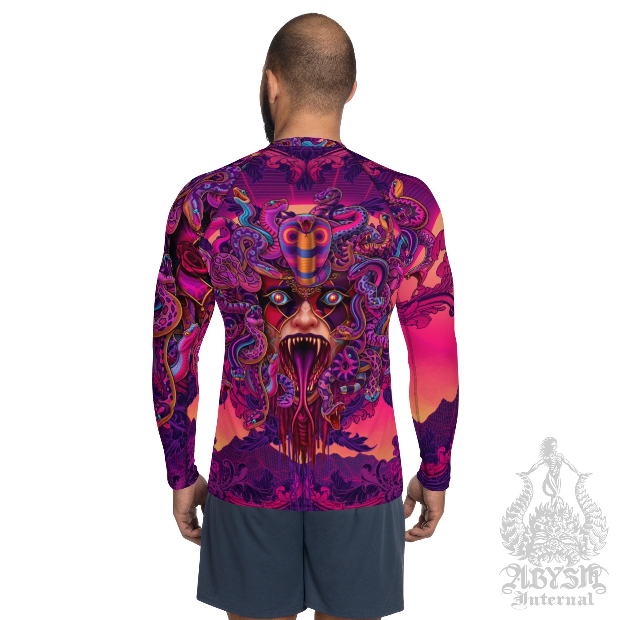 Cool Men's Rash Guard, Long Sleeve spandex shirt for surfing, swimwear top for water sports, Fantasy Art - Vaporwave Medusa - Abysm Internal