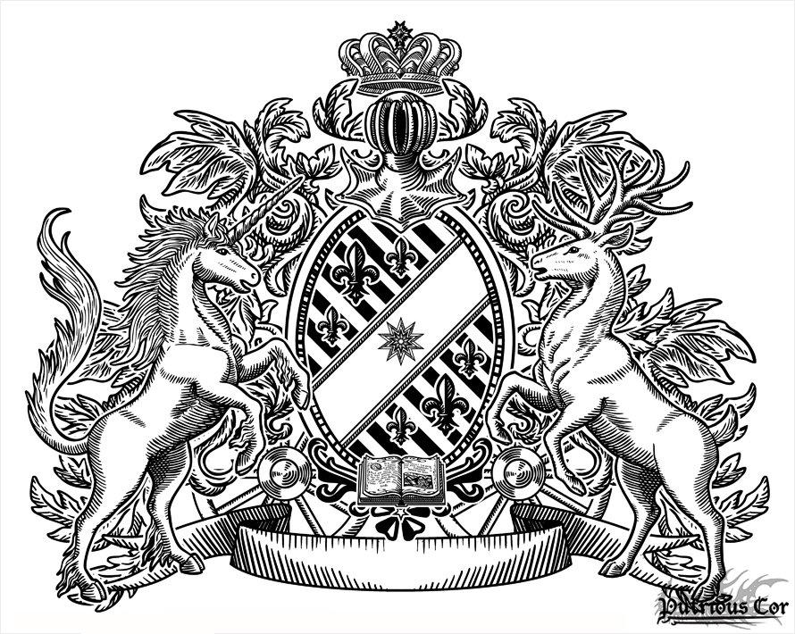 Personalized Family Crest, Design your own Coat of Arms, Custom Heraldry Art, or Emblem Logo, Etching Black and White