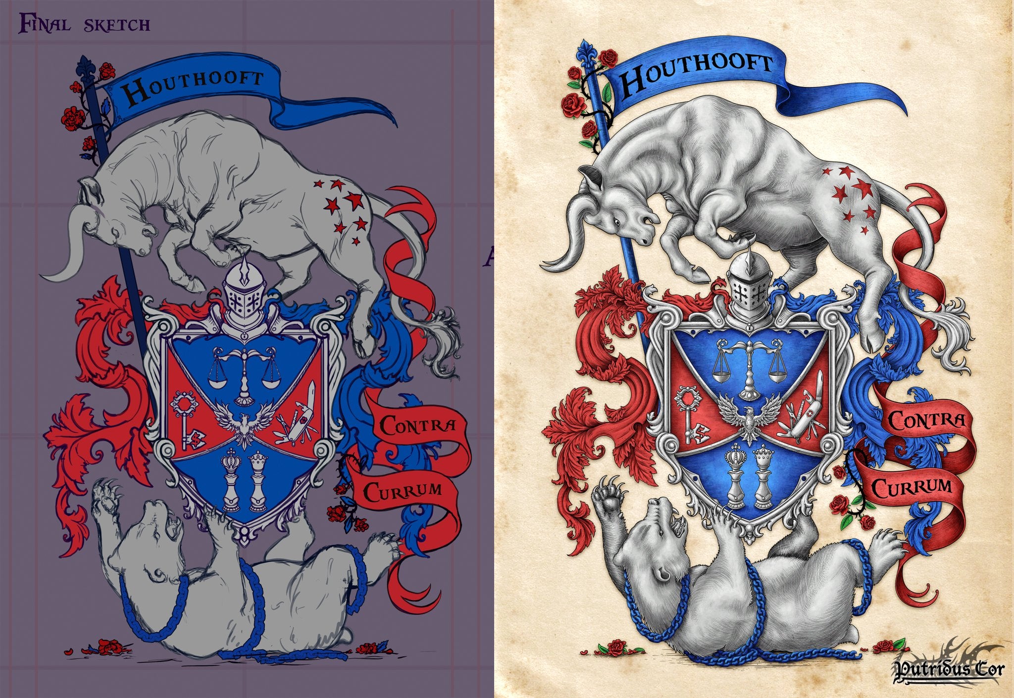 Anniversary Gift, Personalized Family Crest, Custom American Coat of Arms Design, Bear and Bull Market, USA Heraldry Art