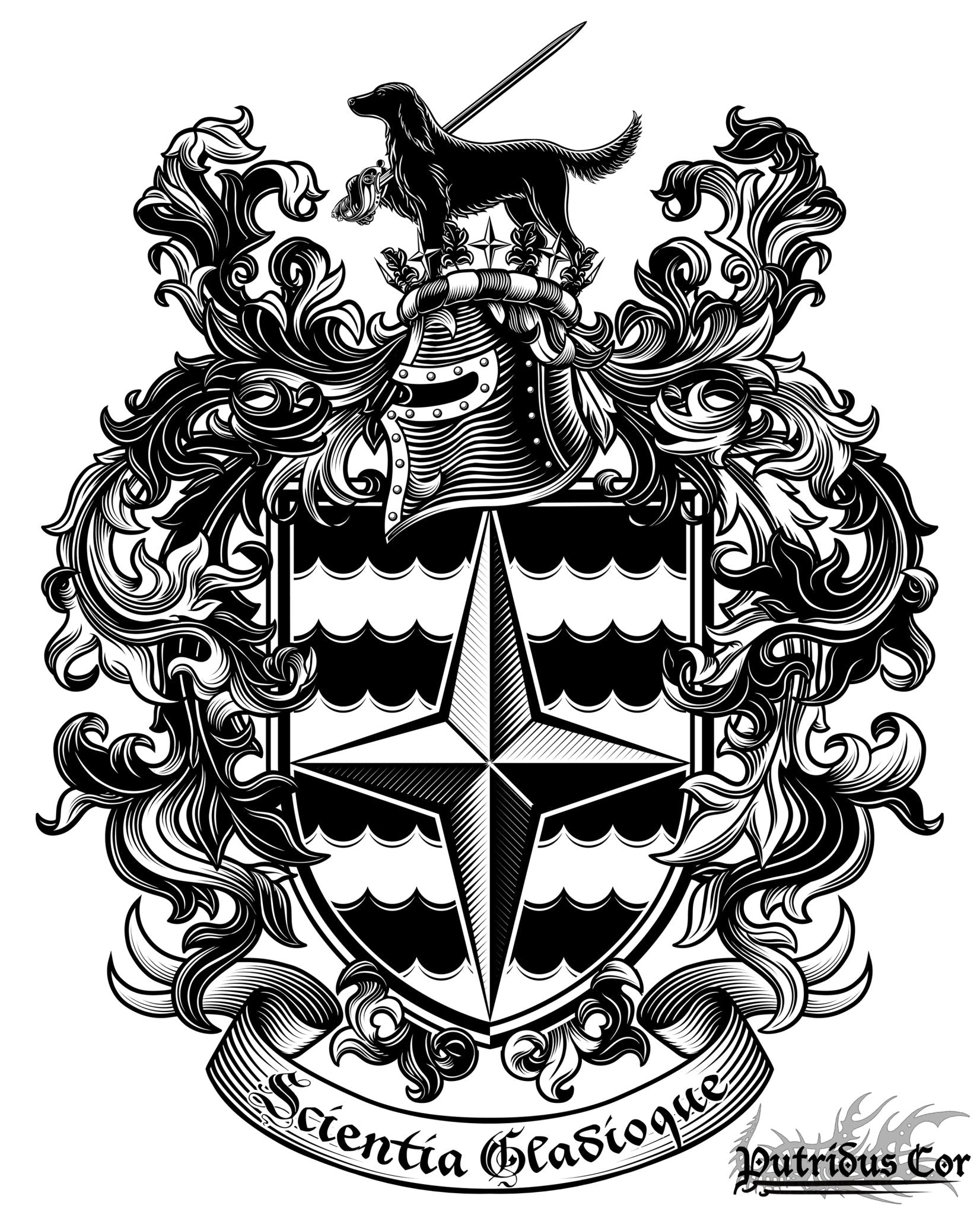 Black and White Etching Family Crest, Vector Trace, Custom Coat of Arms Design and Emblem Logos, Personalized Heraldry Art