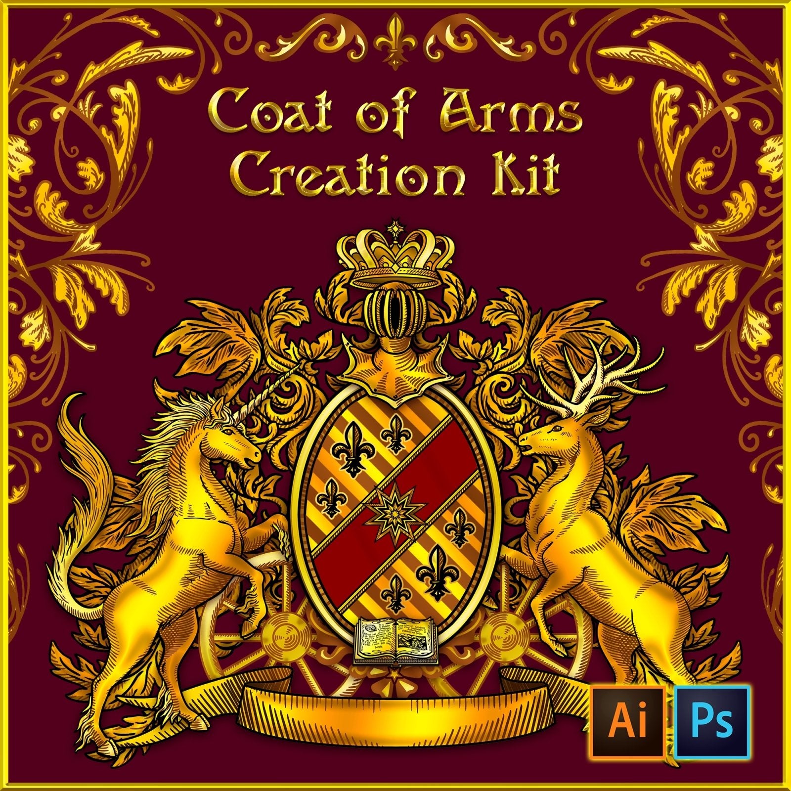 Custom Gold Coat of Arms Creation Kit, DIY Family Crest, Heraldry, Vintage Logo Design - Digital Download, vectors - Abysm Internal