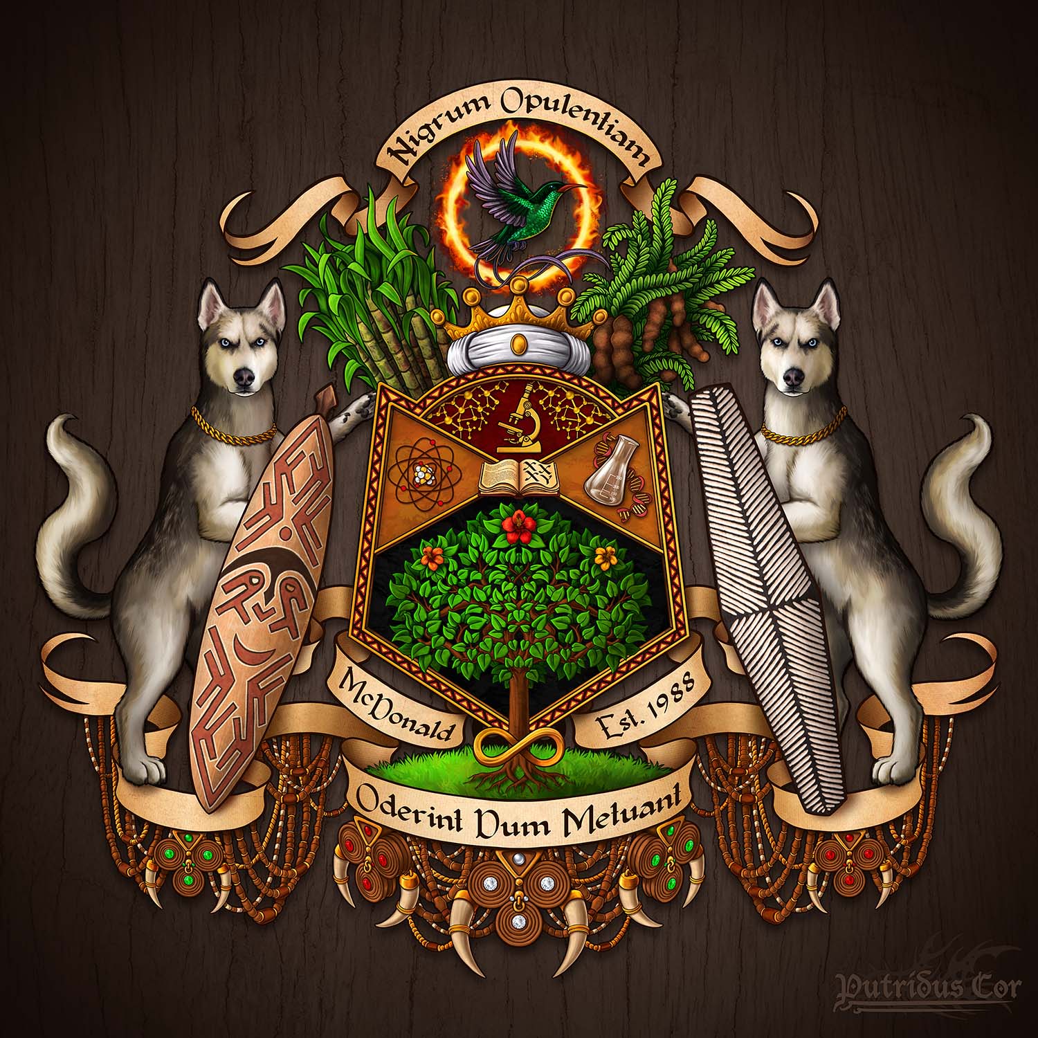 Custom Dog Portrait, Fantasy Art Noveau Coat of Arms with cats. Pet Painting, Family Crest, Friend Gift | Abysm Internal