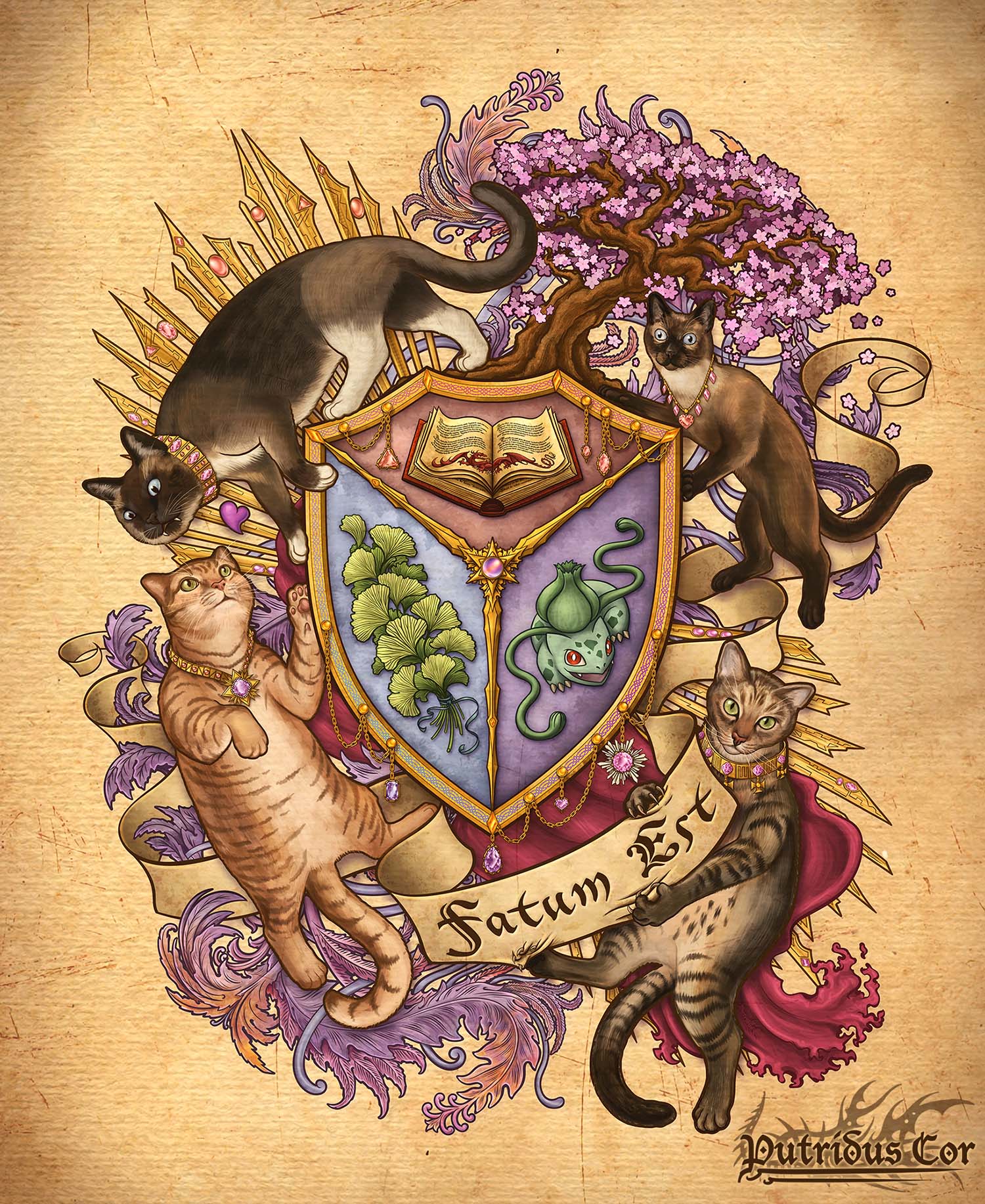 Personalized Cat Portrait, Fantasy Art Noveau Coat of Arms. Pet Painting, Family Crest, Mother's Day Gift | Abysm Internal